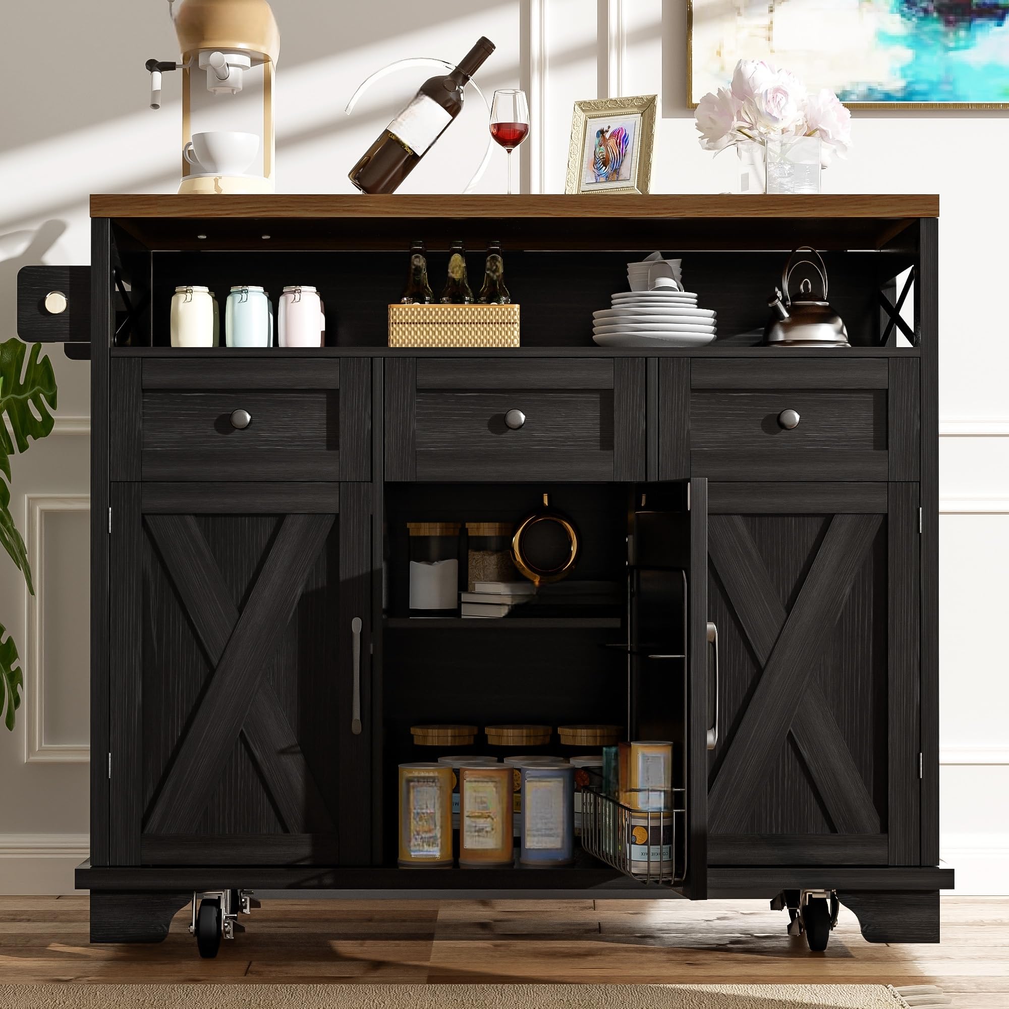 Isla Cocina con Ruedas y Tablero Plegable, Armario de Cocina con 3 Cajones y 3 Puertas, Mueble Auxiliar de Cocina con Toallero y Estante Ajustable, Kitchen Island, 118x43-70x98 cm, Negro