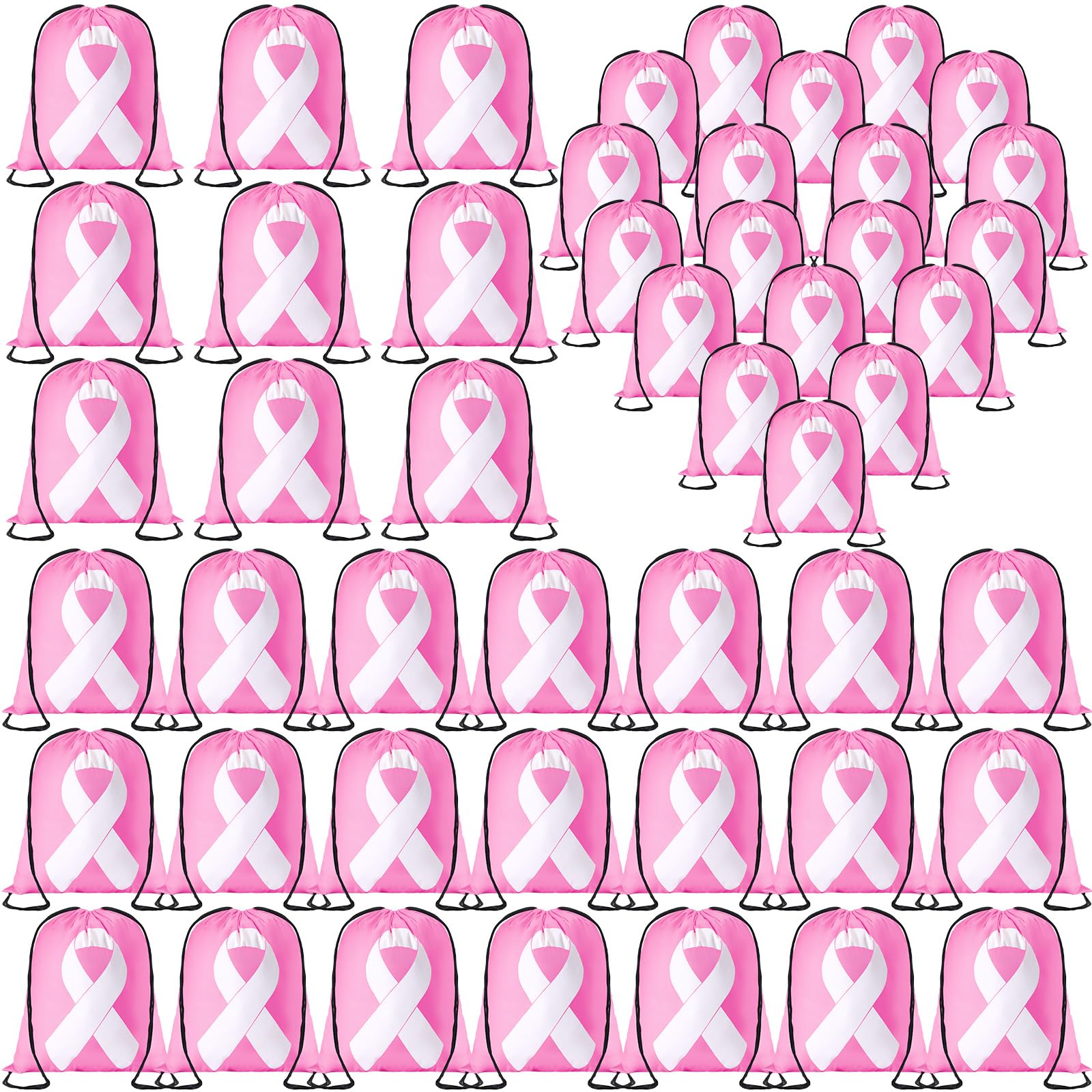 Hillban 50 Pcs Pink Ribbon Drawstring Bags Bulk with Ribbon Backpack for Women Yoga Gym Shopping Party Donation for Homeless(Pink)