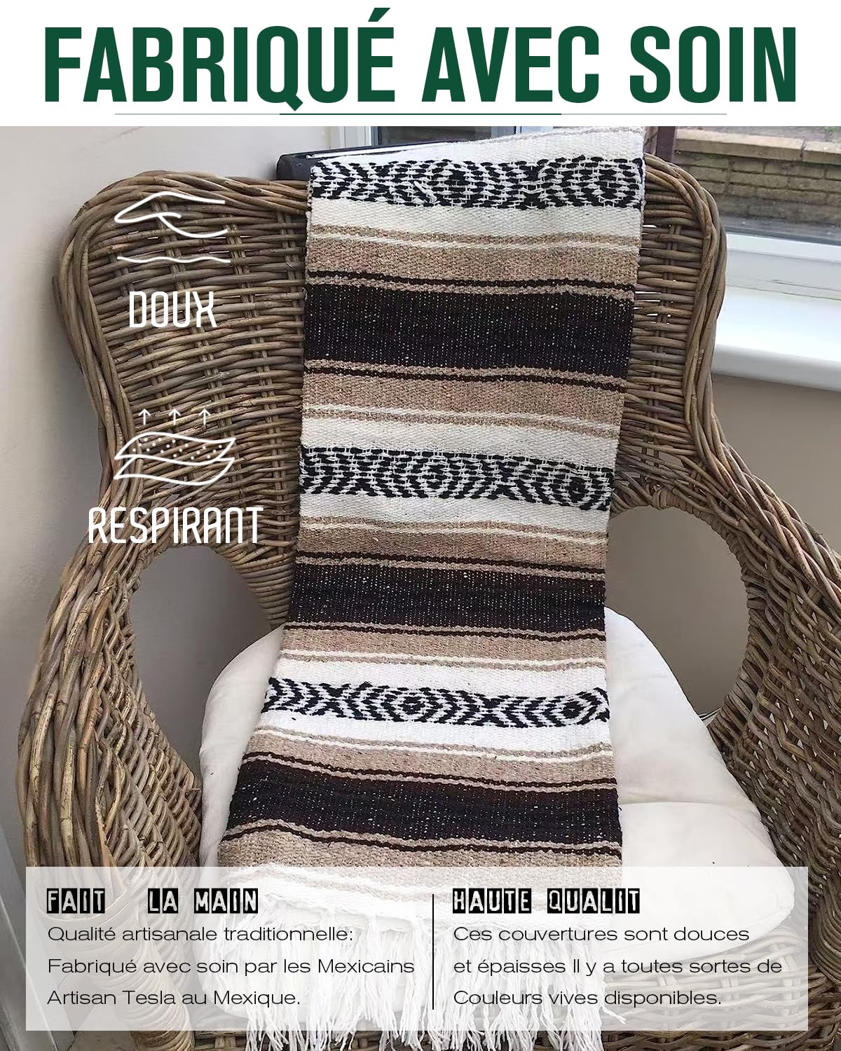 Couverture tricotée mexicaine à main pour canapé, jeté pour méditation, yogamatte, Boho pour camping en plein air, pique-nique, couverture de festival (Bleu)