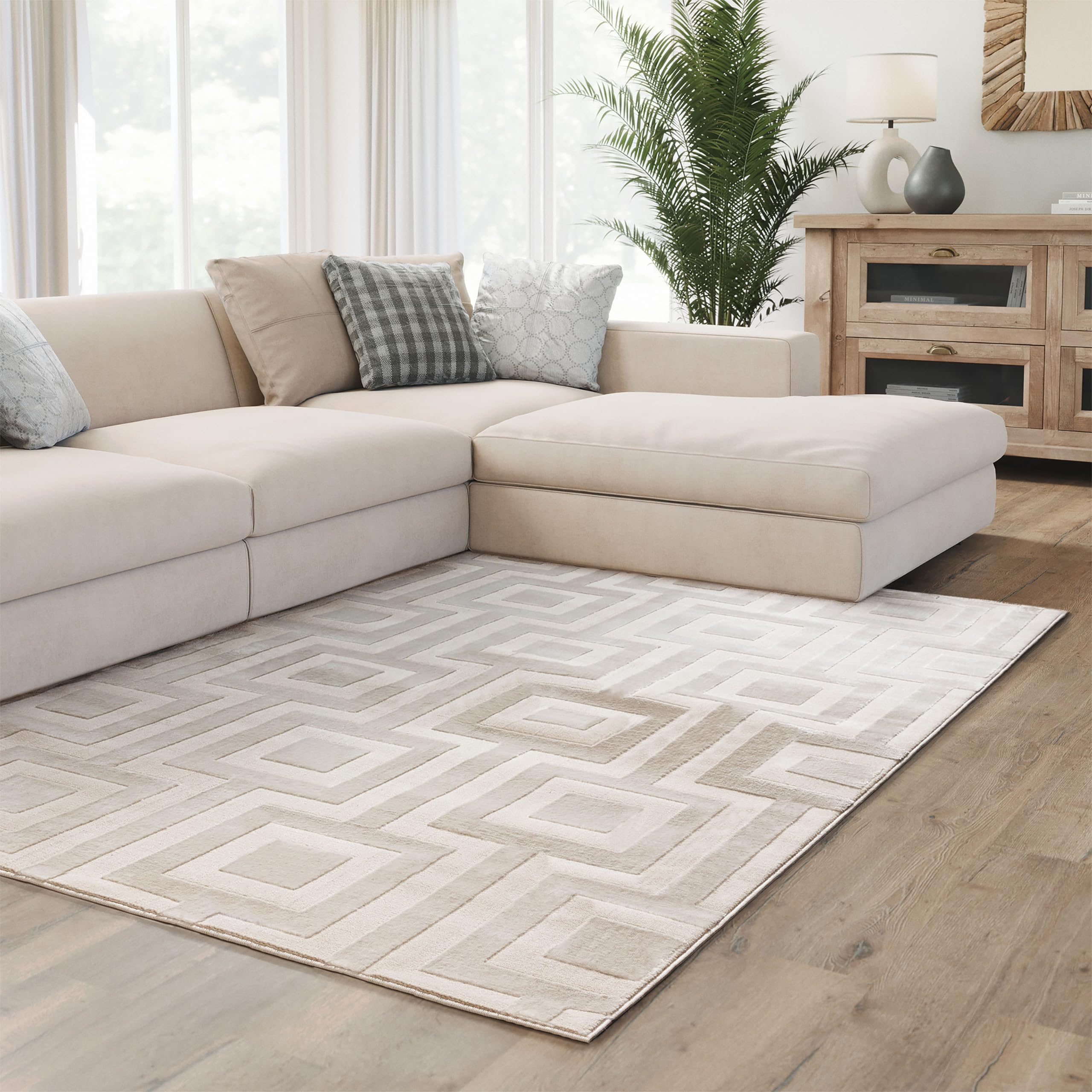 Interiyou Alfombra Salon Pelo Corto Cannes - 120x170 cm Crema - Diseño Boho escandinavo con Efecto 3D de Relieve - Plana con patrón geométrico
