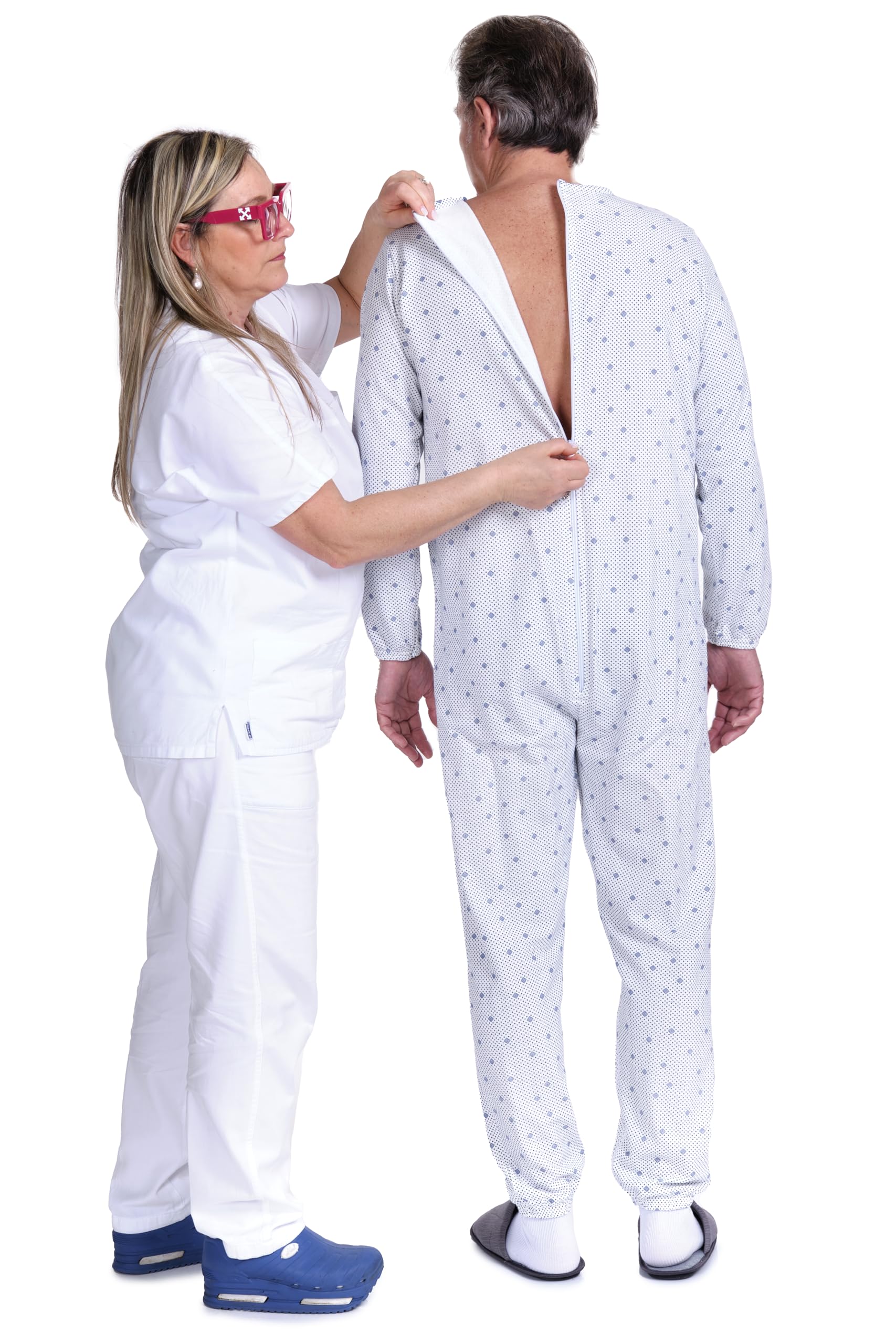 FERRUCCI COMFORT Pijama de algodón fresco para ancianos, manga larga, cierre de espalda e interior de pierna, incontinencia, Alzheimer, fabricado en Italia
