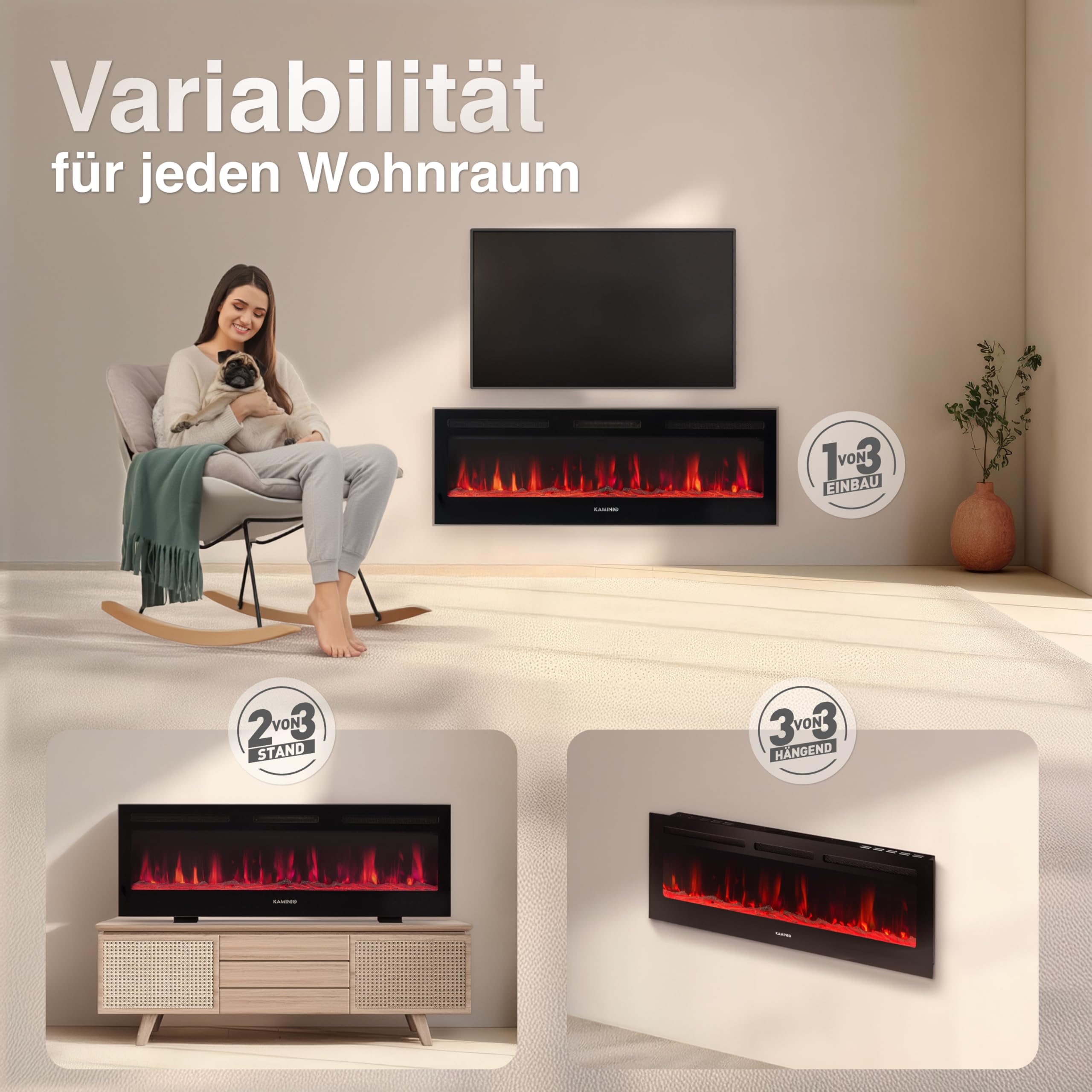 KAMINIO® Marlon PRO Elektrokamin mit Heizung [Stand, Einbau & Wand] | 3-in-1, elektrischer Kamin mit LED-Kaminfeuer in 12 Farben, Timer, Thermostat & Fernbedienung, inkl. Zubehör, schwarz