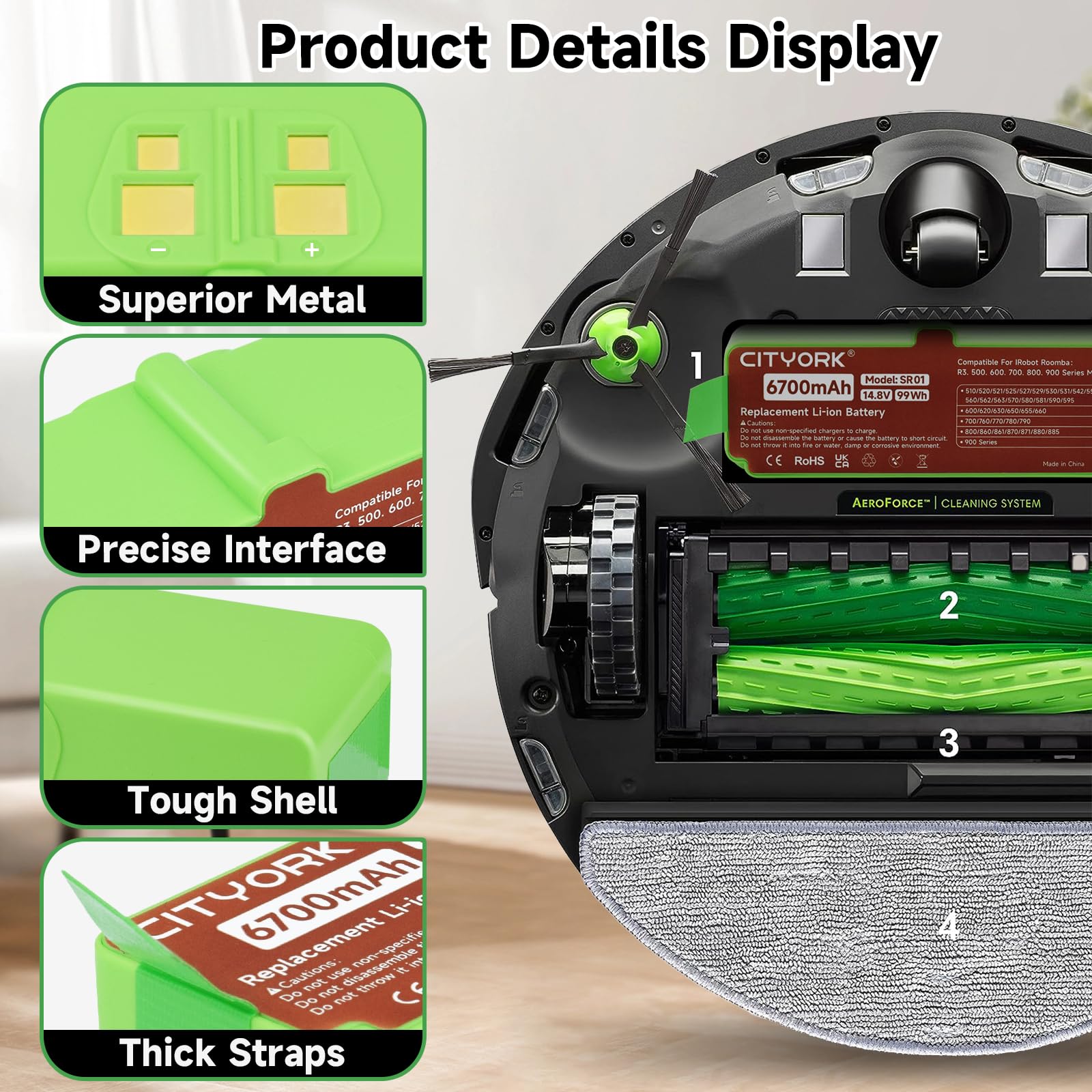 CITYORK 6700mAh Li-ion Batería para iRobot Roomba 980 981 985 960 968 971 976 966 965 900,880 896 895 890 891 800, 690 695 680 676 675 650 630 615 606,780 770 760 776,560 551 500 iRobot Roomba Bateria