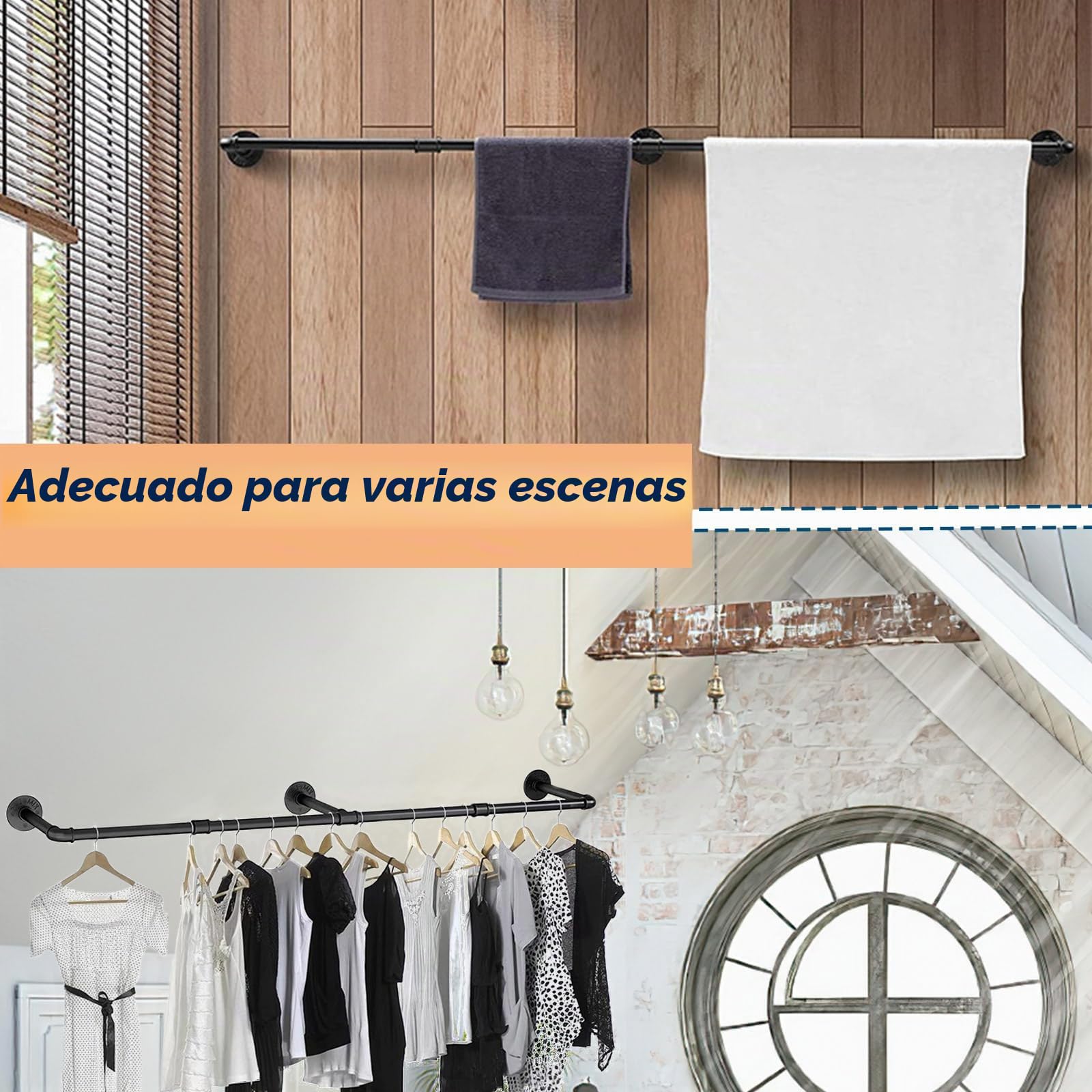 Royouzi Perchero De Pared Industrial Barra Para Ropa de Metal ExtraíBle Montada en la Pared de 184 cm Para Ahorrar Espacio Para Colgar Ropa en el Dormitorio Barra Para Ropa de Tubo Industrial Negro