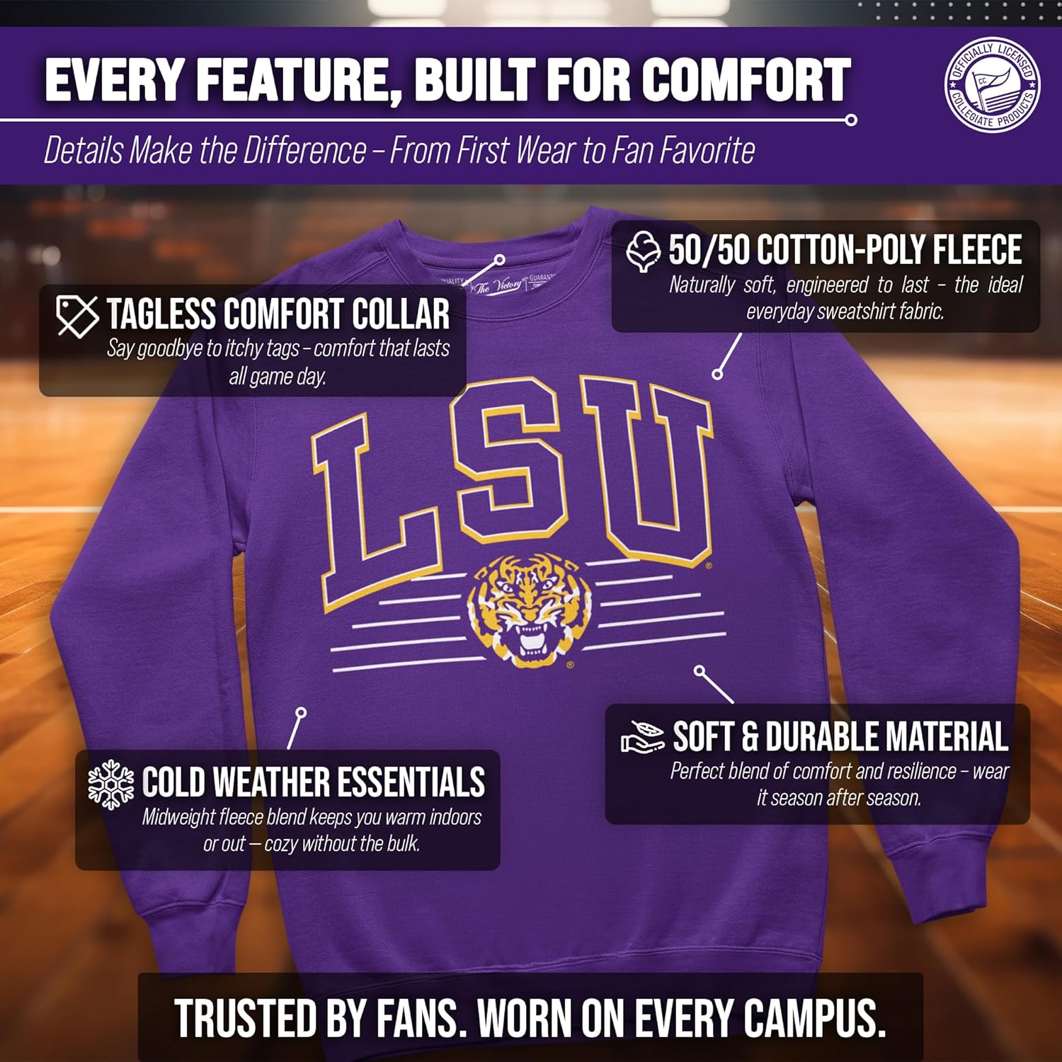 Campus Colors NCAA Adult Unisex Overtime Classics Crewneck Fleece Sweatshirt, Cozy Cotton Poly Blend, Timeless Design - Image 3