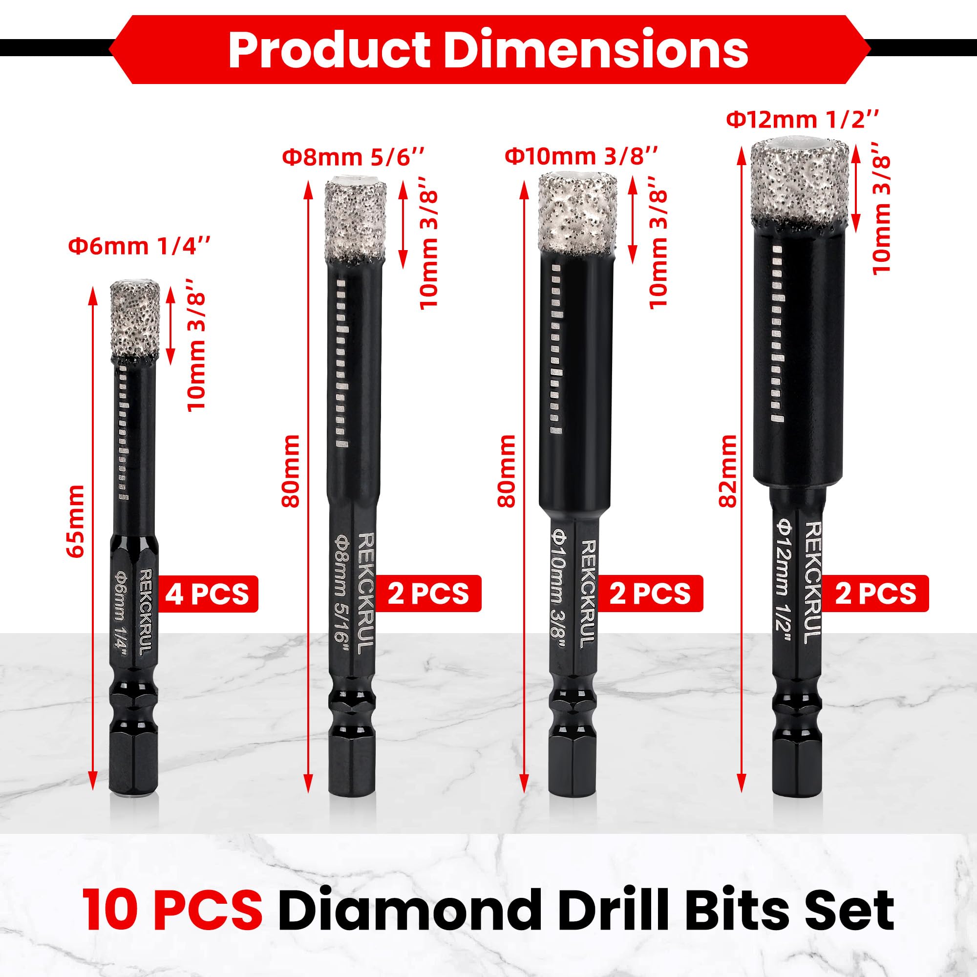 REKCKRUL 10-Pack Diamond Drill Bits Set, 1/4 5/16 3/8 1/2 Inch Diamond Hole Saw – 1/4 Hex Shank Core Drill Bits for Ceramic, Tile, Glass, Granite, Marble, Brick & Stone, 6/8/10/12mm