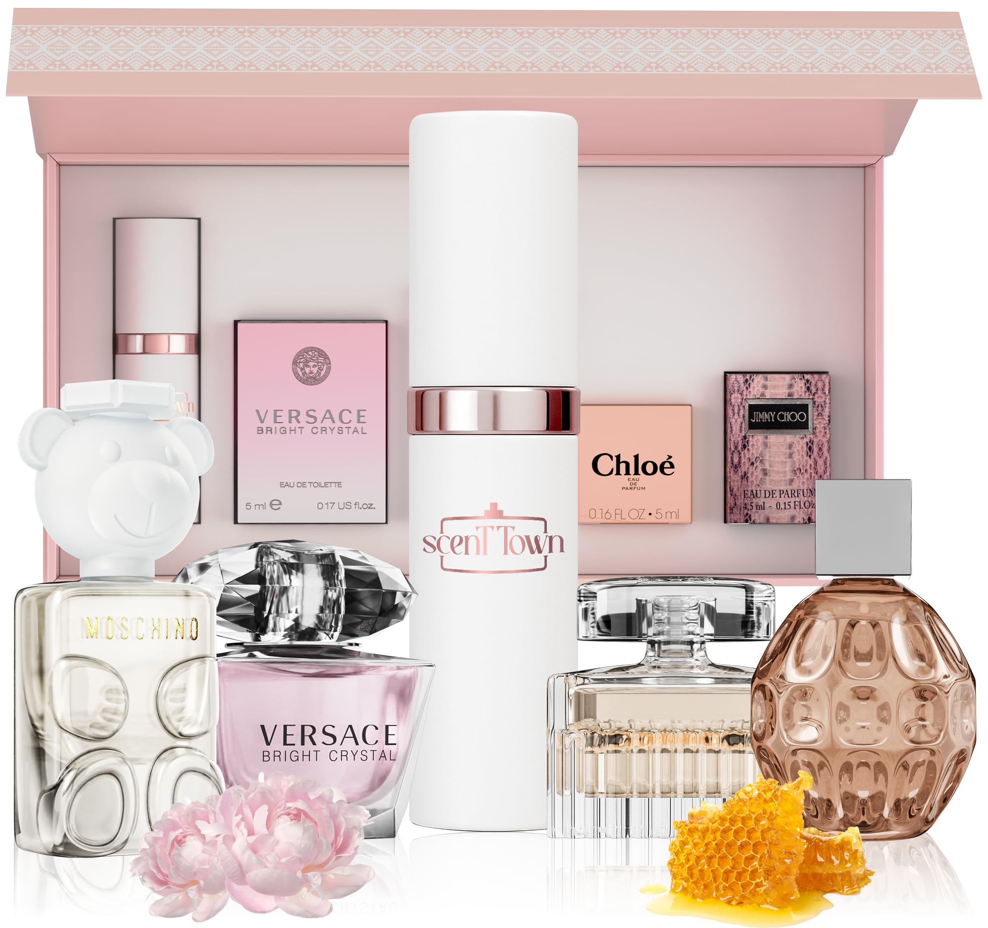 Women's Perfume Gift Sets Bundle Mini Bottle – Designer Womens Perfume Sampler Sets with Refillable Atomizer – Bundle Includes Versace, Moschino, Chloe, Jimmy Choo Travel Size 0.15 Oz Each