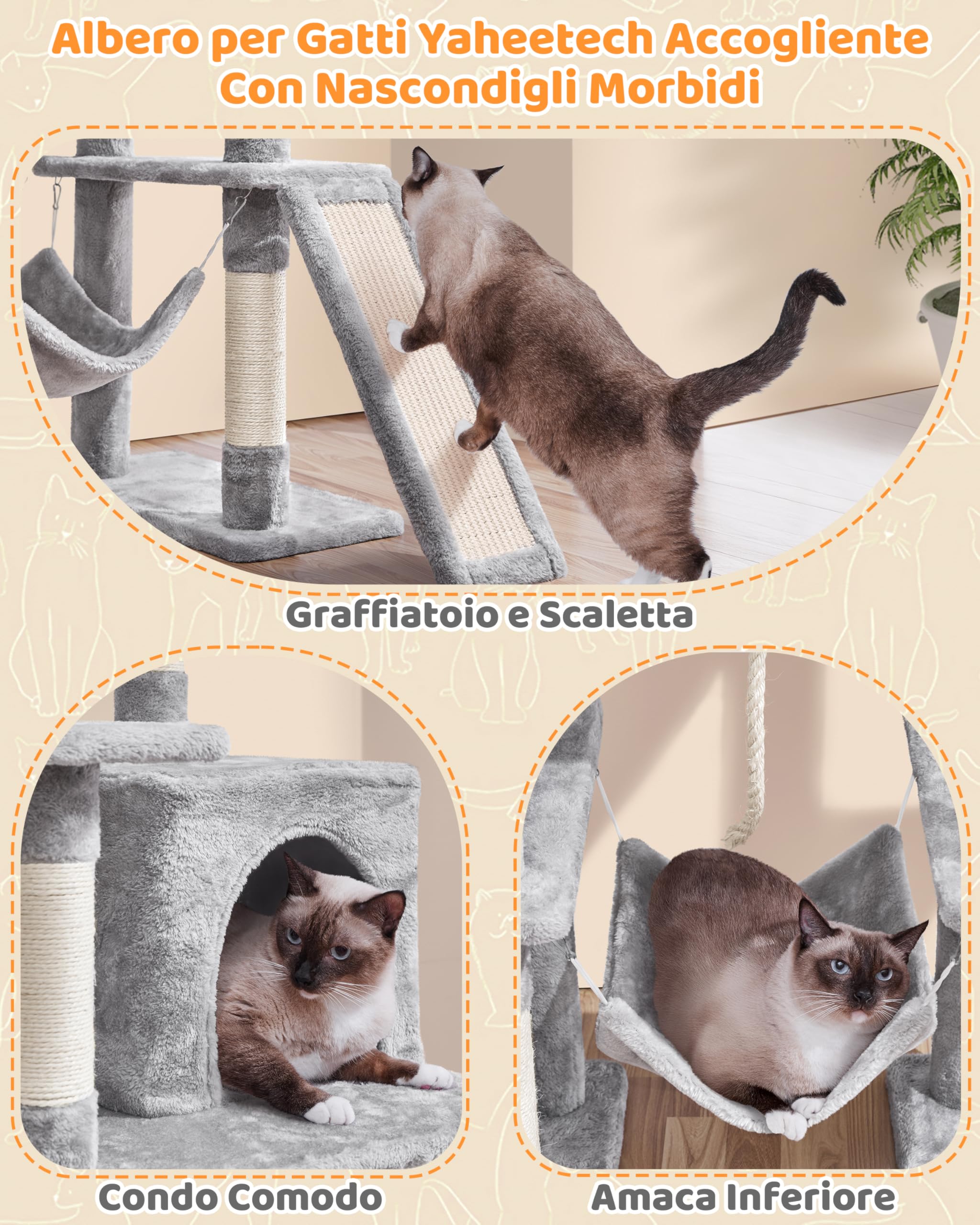 Yaheetech Albero Tiragraffi per Gatti 159,5 cm in Sisal e Truciolato per Gatti Gattini di Piccola e Media Taglia con Condominio Posatoio Amaca Grigio Chiaro