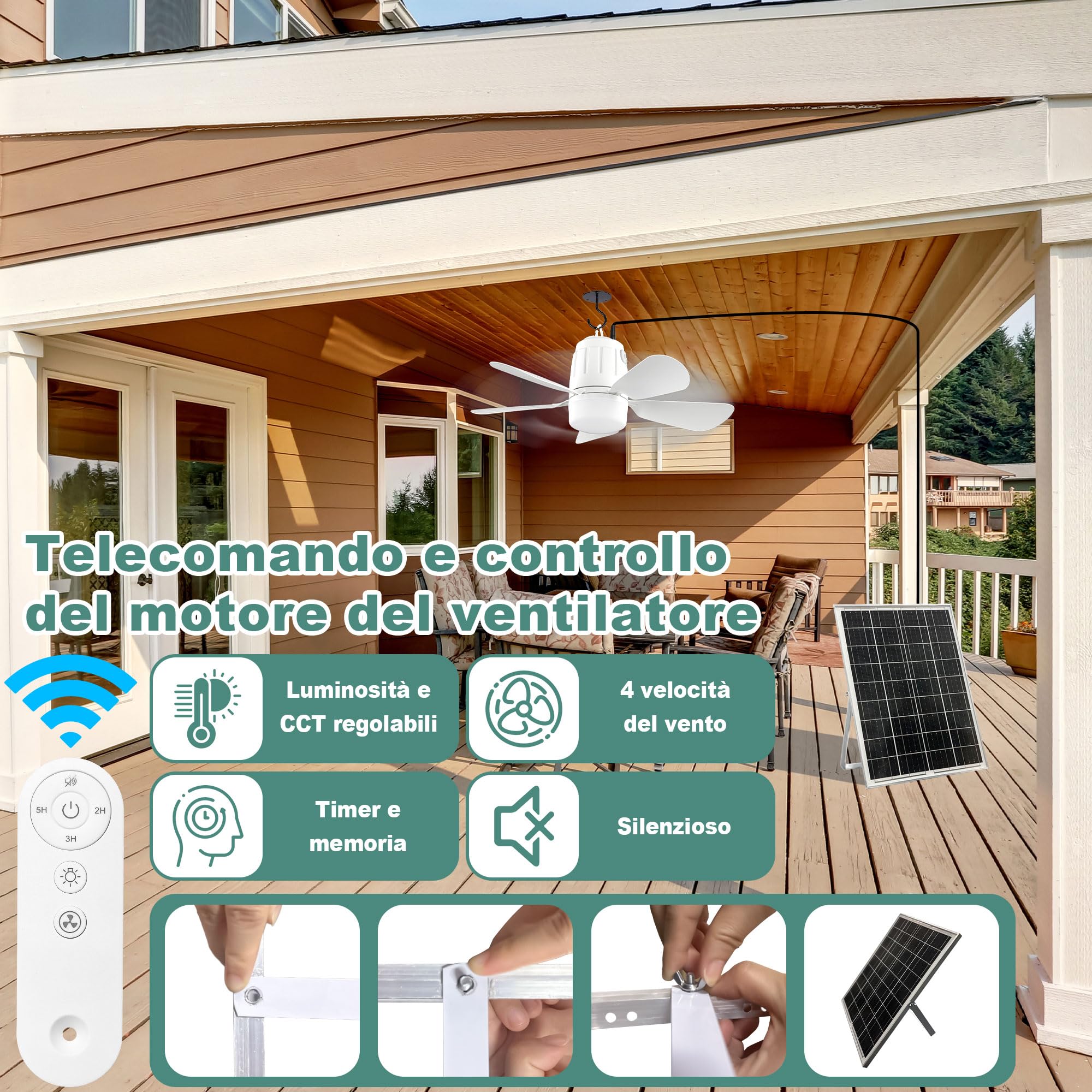 Gliztech Lampadario Ventilatore Solare, Lampadario con Ventilatore da soffitto con luce con Illuminazione, Pannello Solare e Telecomando, Patio, Ombrellone, Gazebo, Tettoia, Campeggio