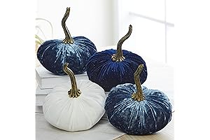 Set of 4 Velvet Pumpkins in Navy and Ivory