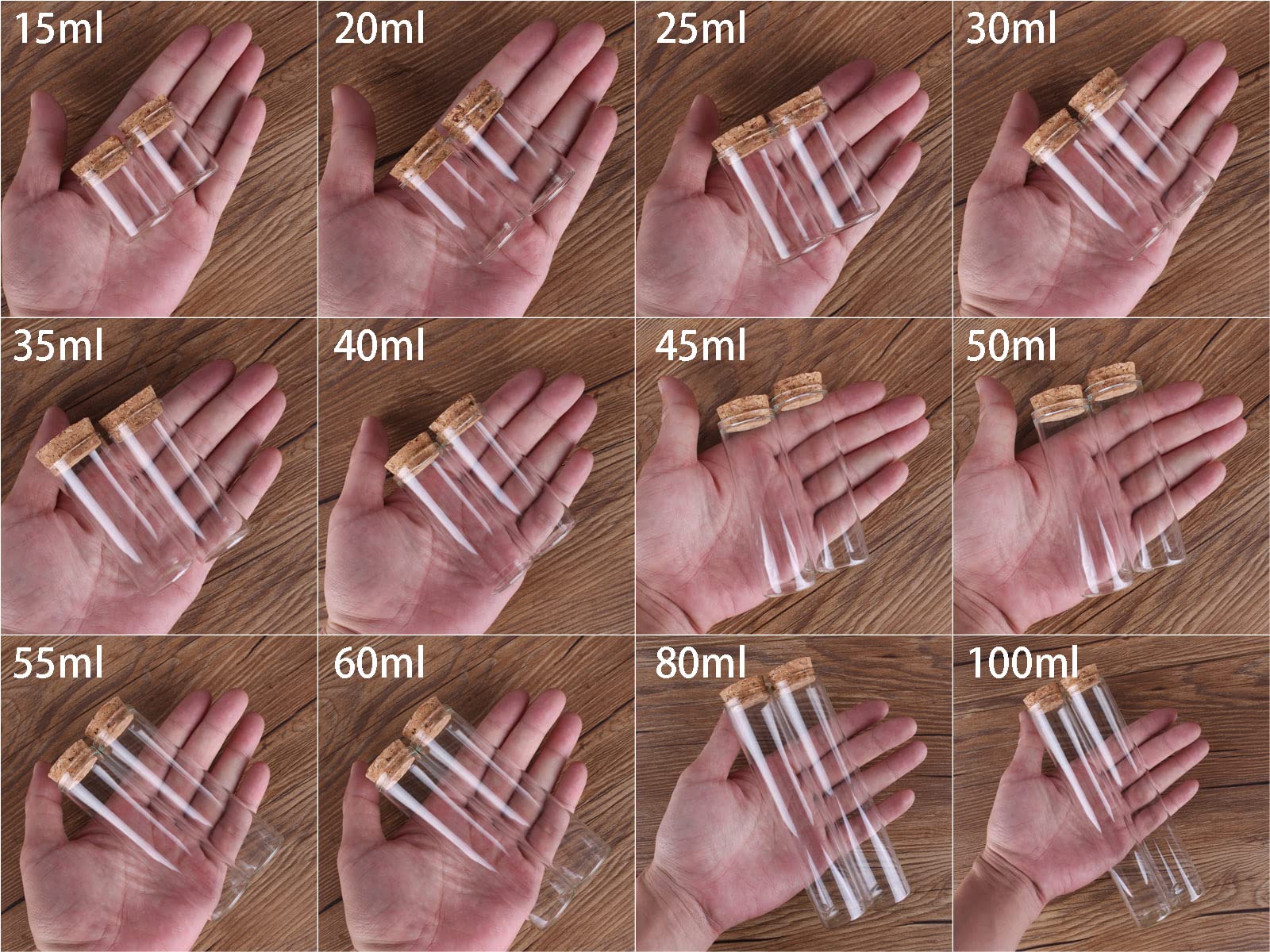 24 sztuki probówek z przezroczystego szkła z korkiem – minibutelki o pojemności od 15 ml do 100 ml do dzieł sztuki, perfum i prezentów(100mLx30x180mm)