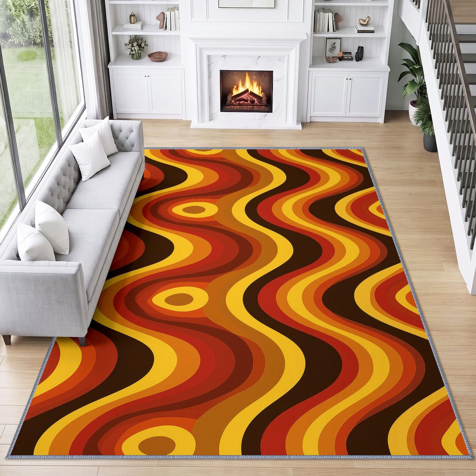 Générique Rayures Ondulées Abstraites Orange-Brun Tapis Salon 80 x 150 cm, Lavable en Machine Antidérapant Tapis Vintage pour Chambre Descente de Lit Salle a Manger Bureau