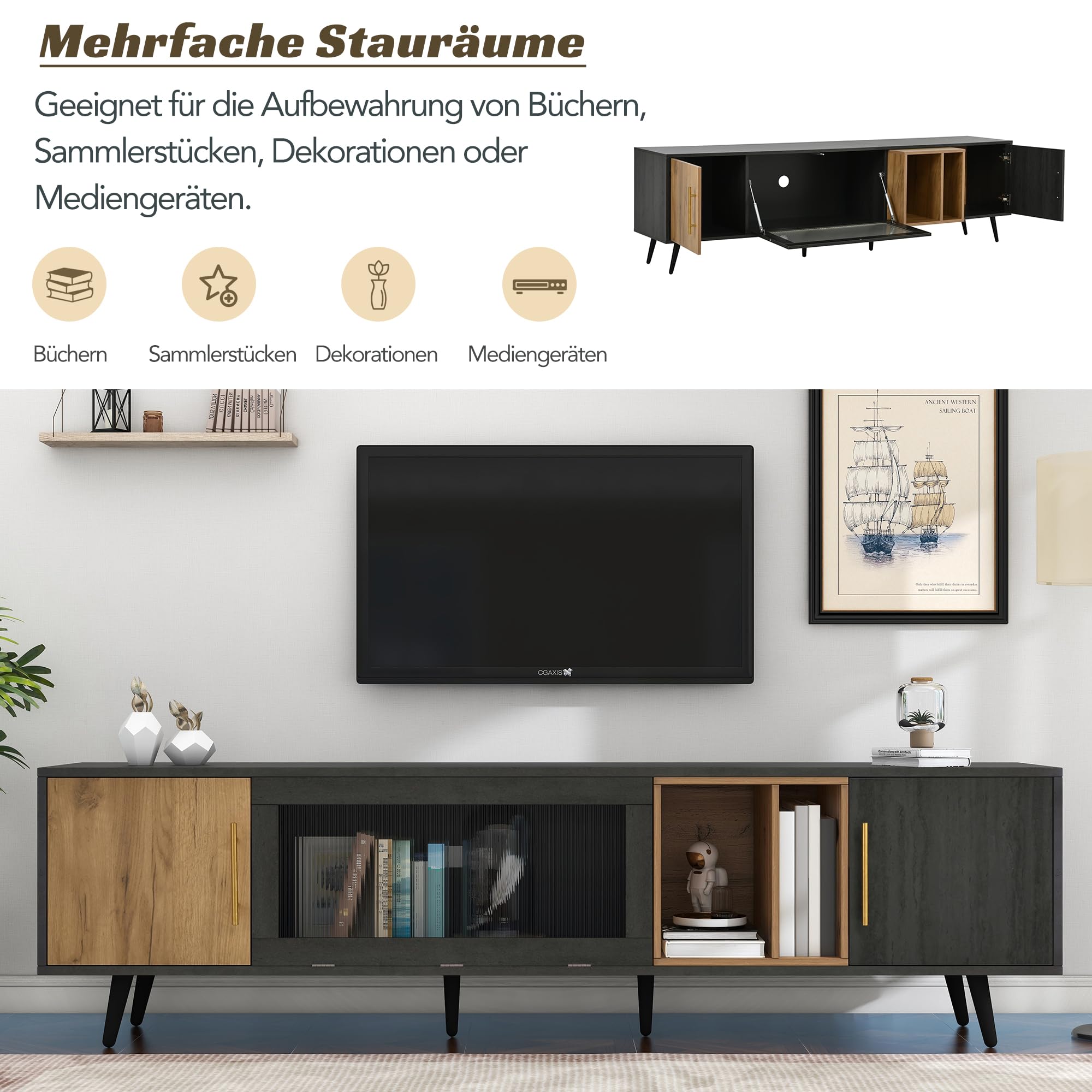 ModernLuxe Mobile Porta TV Moderno, 200x40x55,5 cm, Legno Scuro, Mobiletto TV Soggiorno per un Televisore da 90 Pollici, Grau Holzmaserung