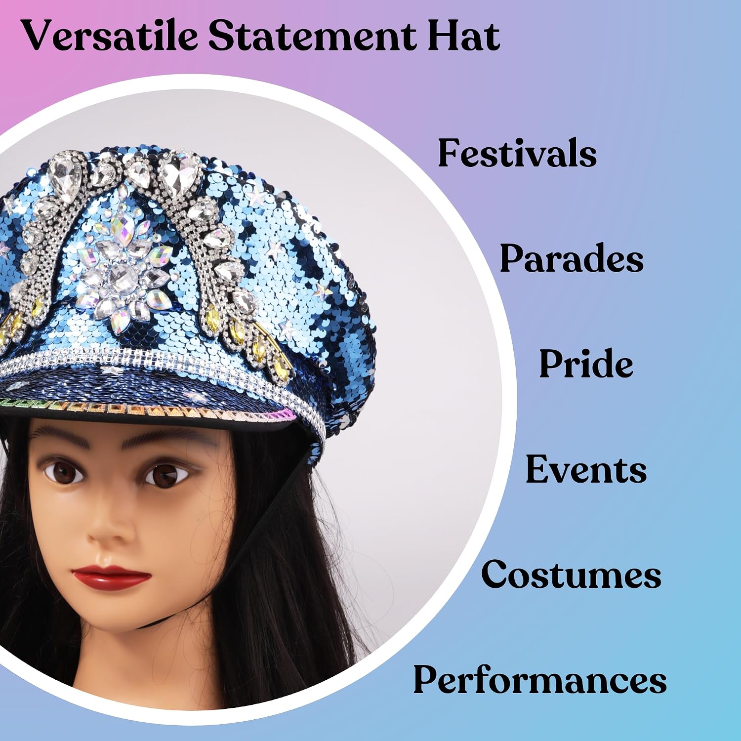 Needzo Studded Rhinestone Captain's Hat, Accessories for Music Festivals, Pride, and Bachelorette Parties, One Size Fits Most