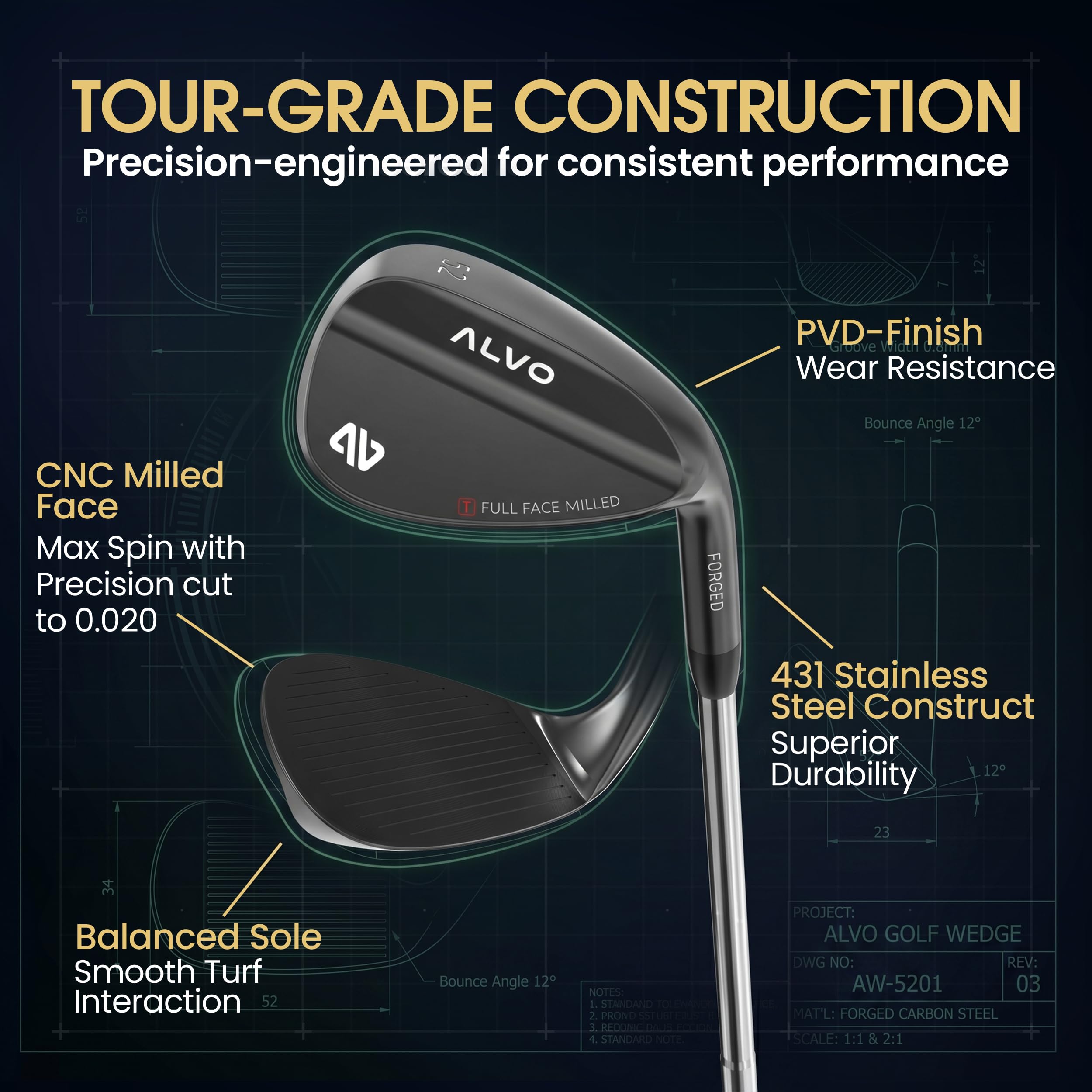 ALVO GOLF Tour-inspiriertes Premium-Golfkeil-Set – 3 Golfkeil-Set, 52 56 60 Grad Keil, Spaltkeil * Sandkeil * Lob Wedge Golfschläger für Herren, rechte Hand – Premium Tour Grip enthalten – CNC-gefräst