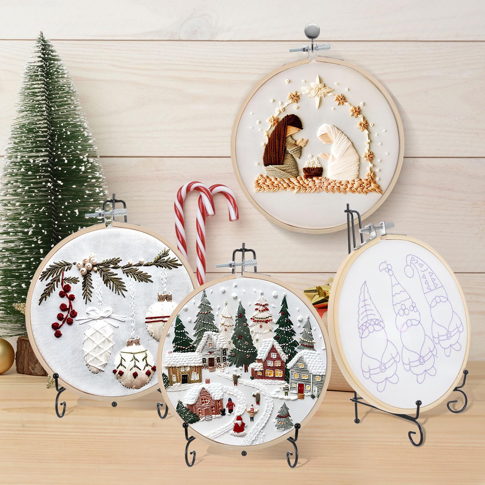 KAJNBN Kit de Bordado Navideño para Principiantes, 4 Piezas Bastidor de Bambú de 15 Cm, Algodón y Lino, Incluye Tijeras Rosas y Herramientas para Manualidades, Adecuado para Decoración