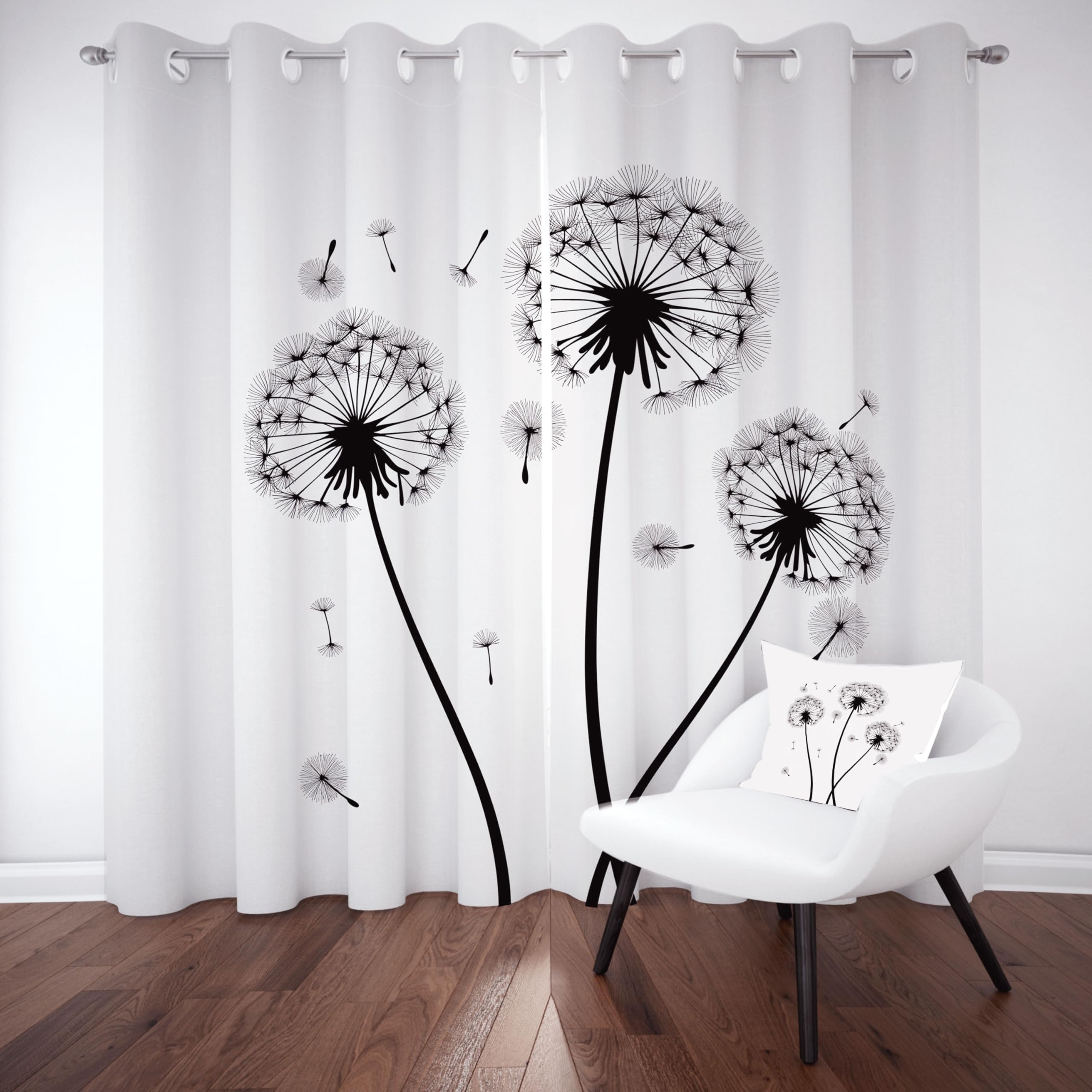 Schwarz Weiß Vorhang mit Ösen 2er Set, Löwenzahn Blumen Muster