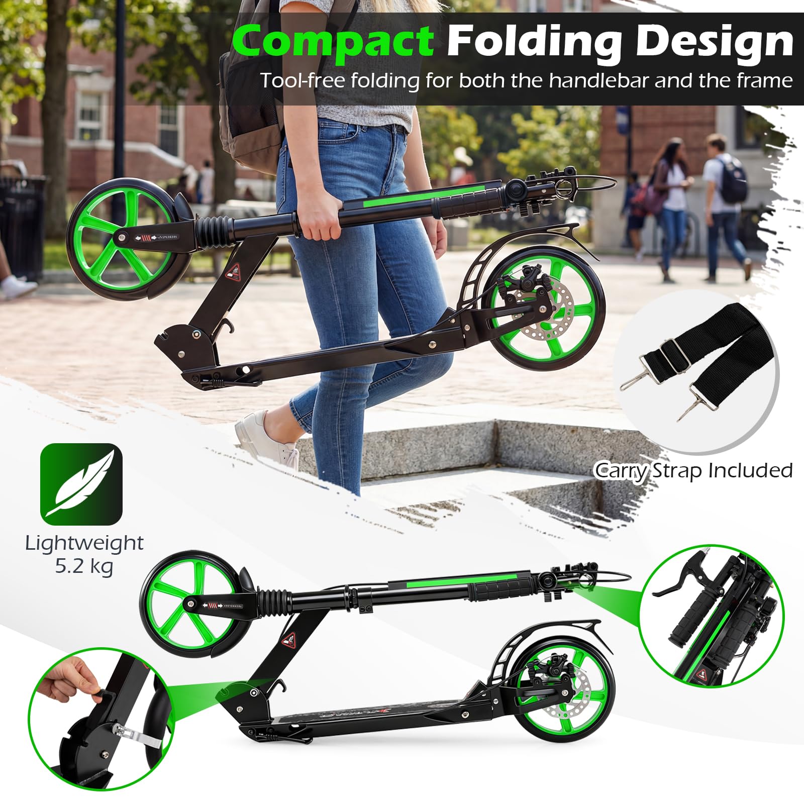 GYMAX Patinete Plegable, Manillar Ajustable para Adultos con Ruedas Grandes y Correa de Transporte, Patinete Ligero para Adolescentes y Adultos a Partir de 8 años