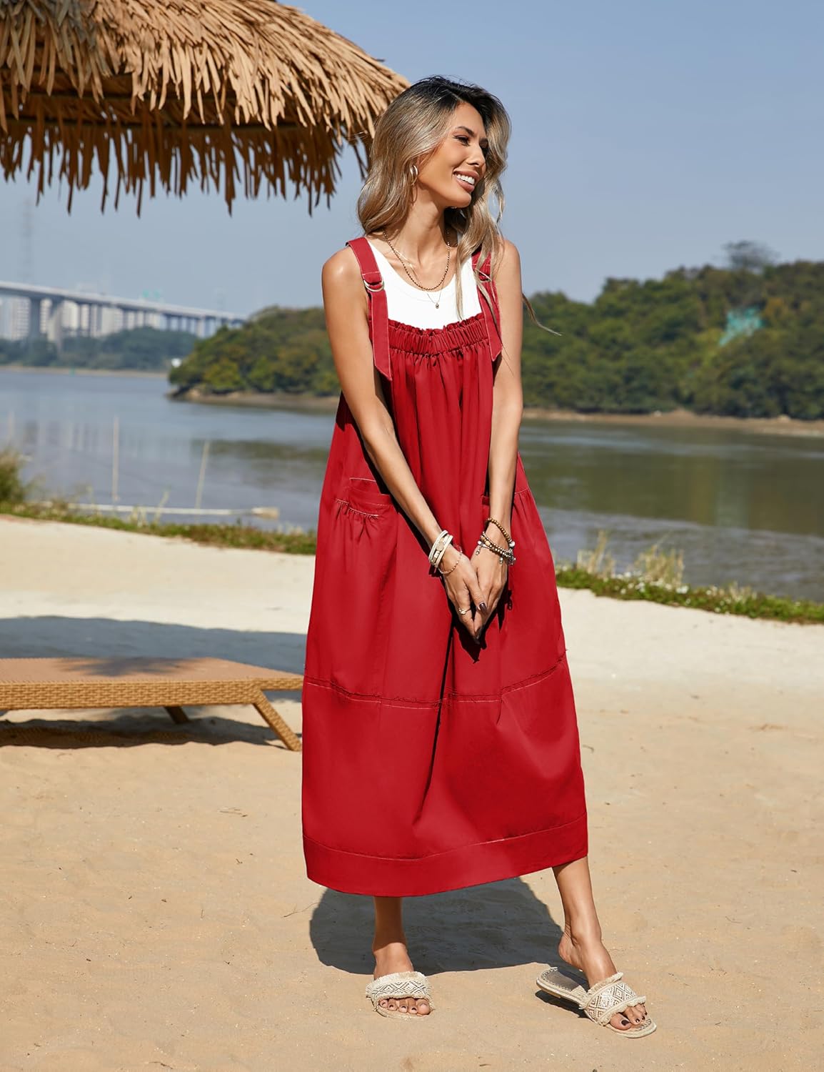 Yeokou Womens Overall Dress Cotton Barrel Midi Travel Dress Loose Fit Adjustable Straps Big Pockets Jumpsuits - Image 6