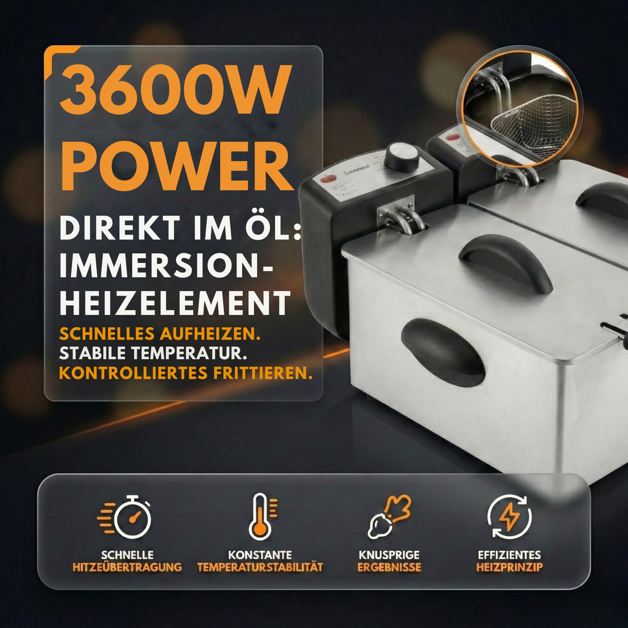 Sommertal DF3600 Doppel Fritteuse mit Öl 2x 3L 3600 Watt | Edelstahl Fritteuse mit 2 getrennten Heizkreisen | Fritteuse mit Fett 130–190°C | Deep Fryer für Pommes