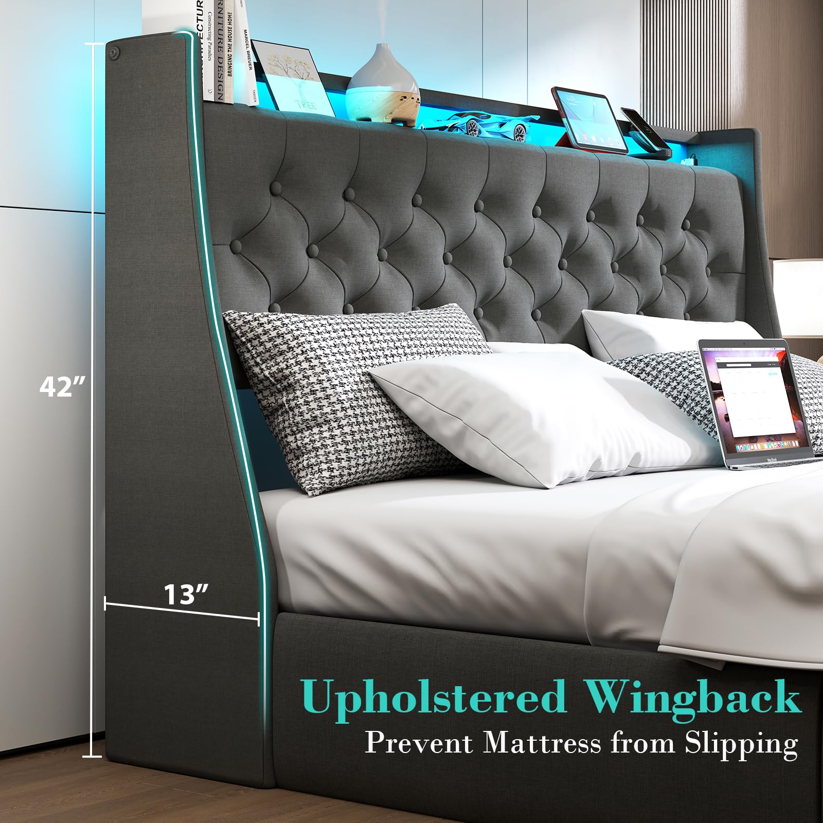 Queen Bed Frame with 2 Storage Drawers, Platform Bed Frame Queen Size with LED Light, Upholstered Headboard, Charging Station, Steel Slat Support, No Box Spring Needed, Noise-Free, Easy Assembly, Gray: Full Button Tuffed & 2 Drawers