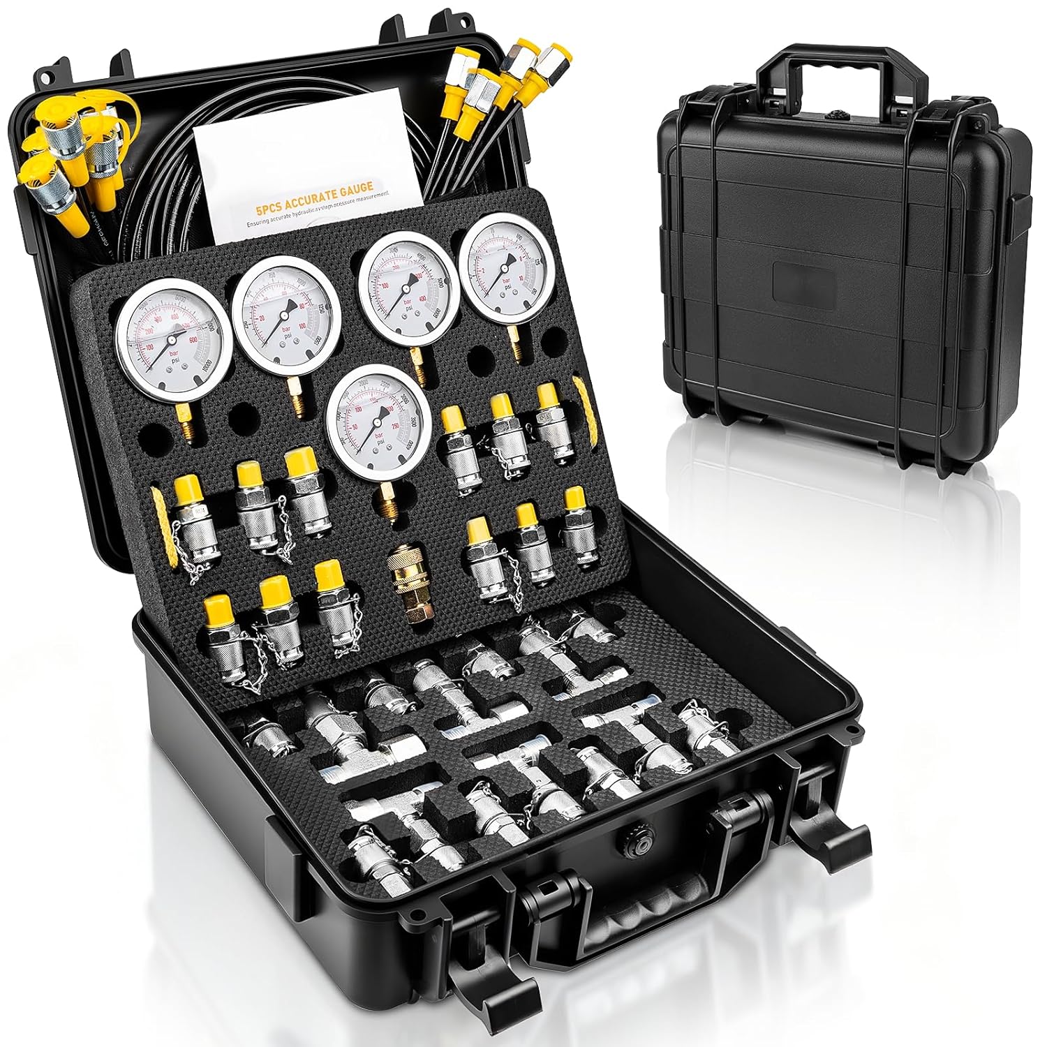Hydraulic Pressure Test Kit, 5 Gauges 10–600 Bar/150–10 000 PSI, 13 Test Couplings 14 Tee Connectors 5 Hoses, Hydraulic Test Gauge Kit in Case for Excavator Construction Machinery Pressure Tester