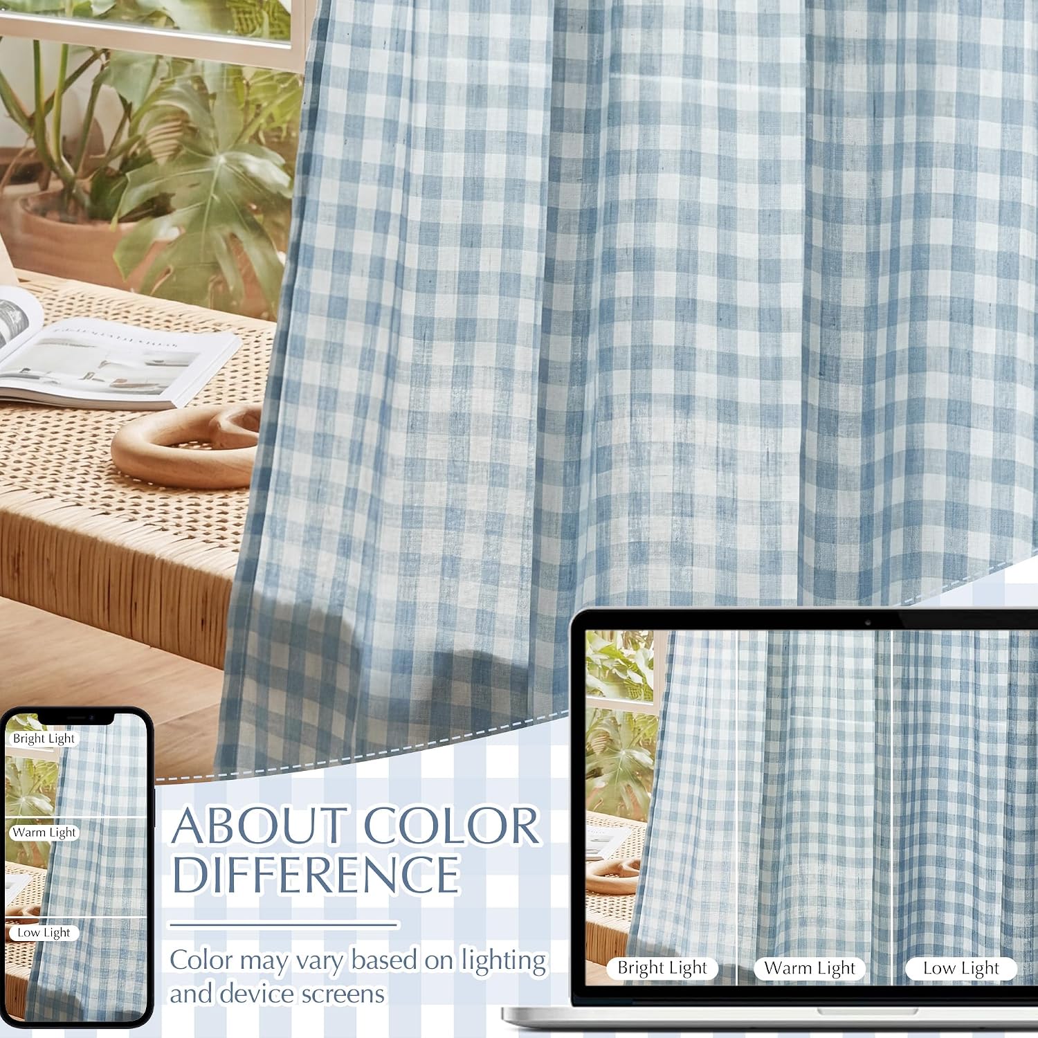 RYB HOME Light Blue Pinch Pleated Gingham Tier Curtains for Kitchen Cafe RV