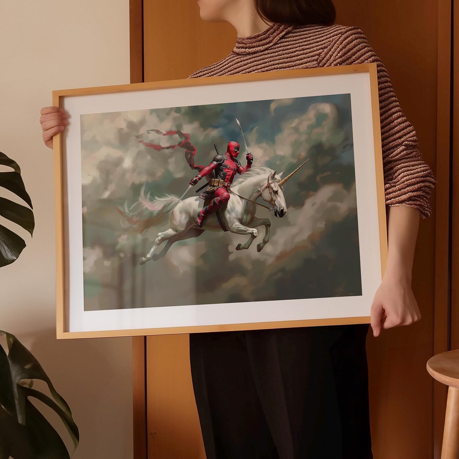 Deadpool Riding a Unicorn Home Décor Art Print - Premium Giclee Fine Art Prints - Aesthetic Modern Vintage Painting Style Super Hero Wall Art Print Poster for Home and Bathroom Decor, Ready to Frame