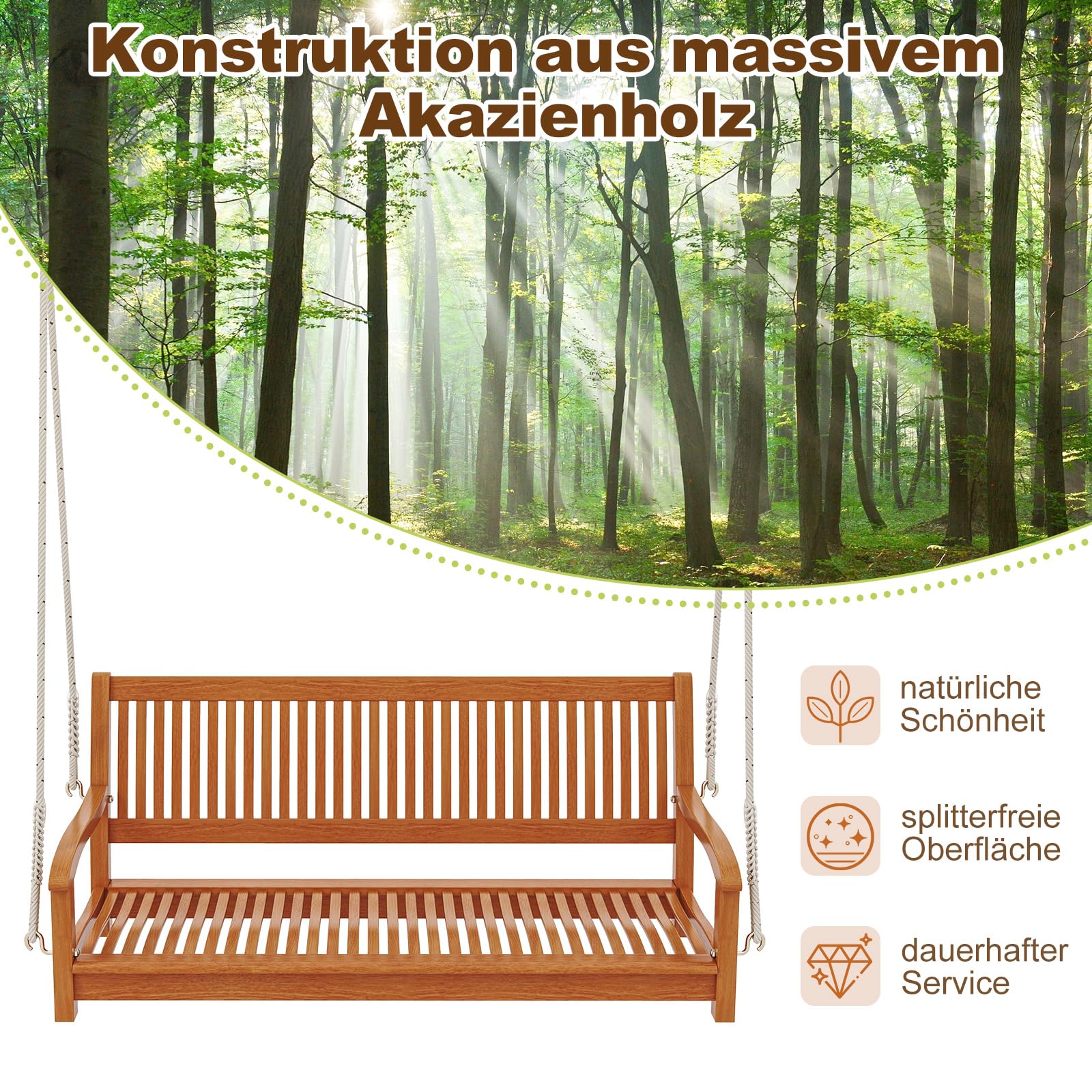 COSTWAY Schaukelbank 2-Sitzer, Veranda-Schaukel bis 360 kg belastbar, Hängebank Gartenschaukel zum Aufhängen, Hollywoodschaukel aus Akazienholz, Schaukel für Terrasse & Garten & Balkon