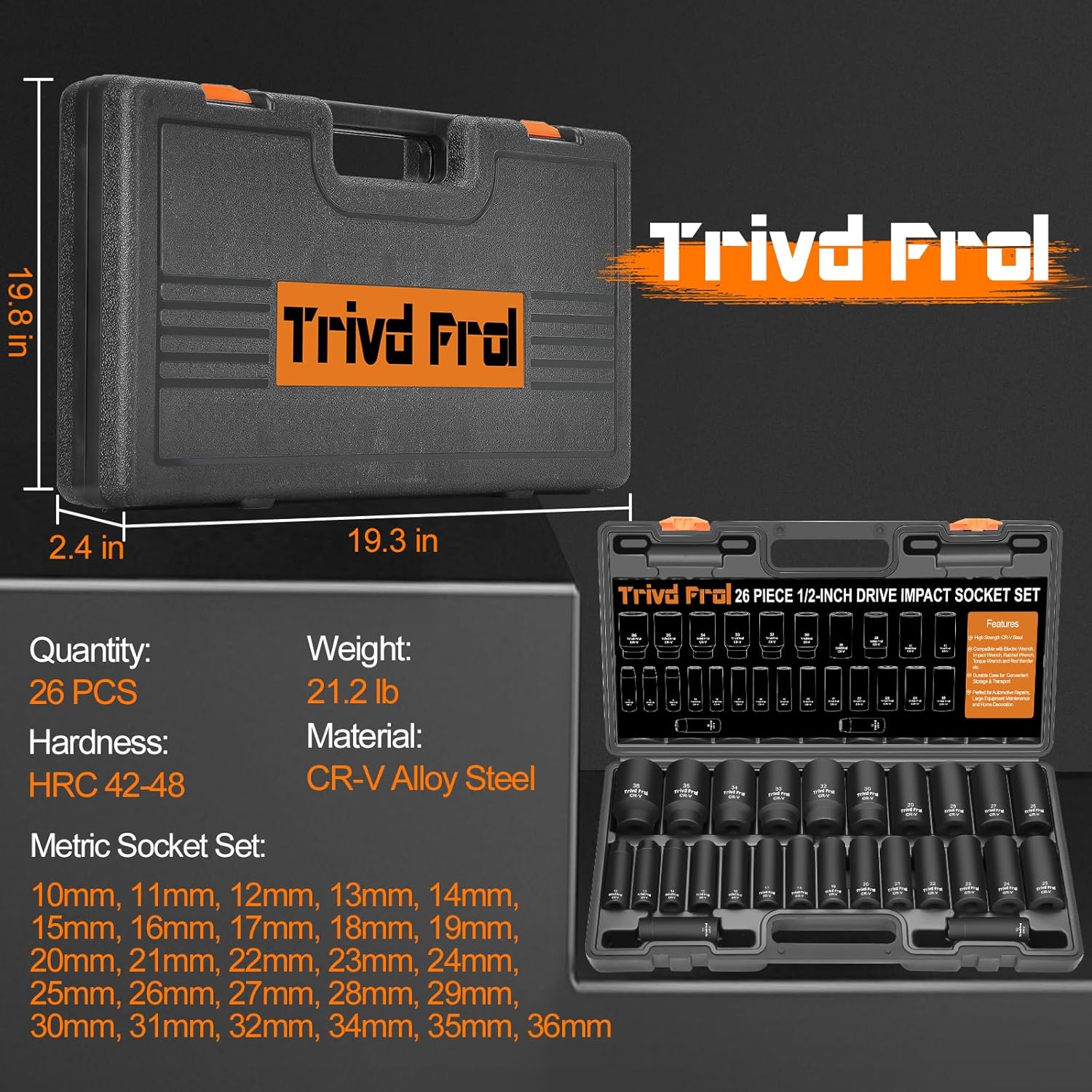 Metric Impact Socket Set 1/2" Drive - Trivd Frol 26 Piece Deep Impact Socket Set 1/2" Drive, Metric Socket Set 10mm to 36mm Large Socket Set, Impact Driver Socket Set, Cr-V Steel, Double Lock Case - Image 6