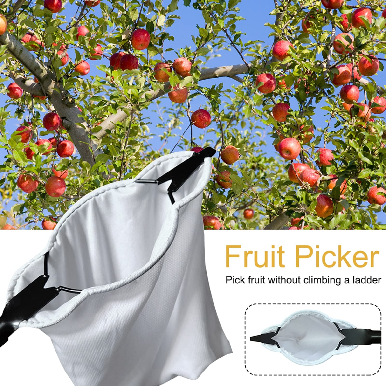 LekLai Testa per Raccoglitrice Di Frutta, Borsa Elastica per Cesto Di Raccolta, Strumenti per la Raccolta Di Frutta con 2 Lame a Forma Di V, Raccoglifrutta per Raccogliere Mele, Arance, Agrumi, Pere