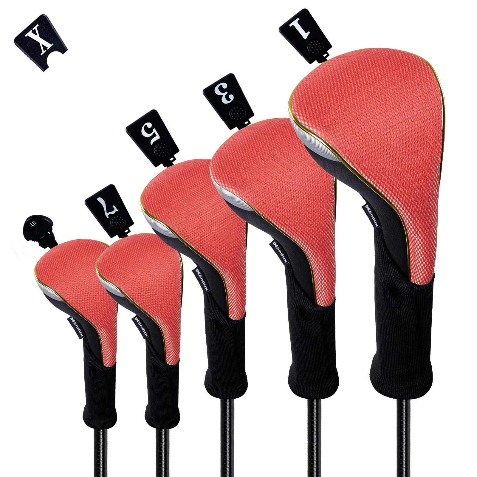 Andux 5Pcs/set Gold Golf 460cc Driver Fairway Woods Hybrids Club Head Covers MT/ZH15 Red