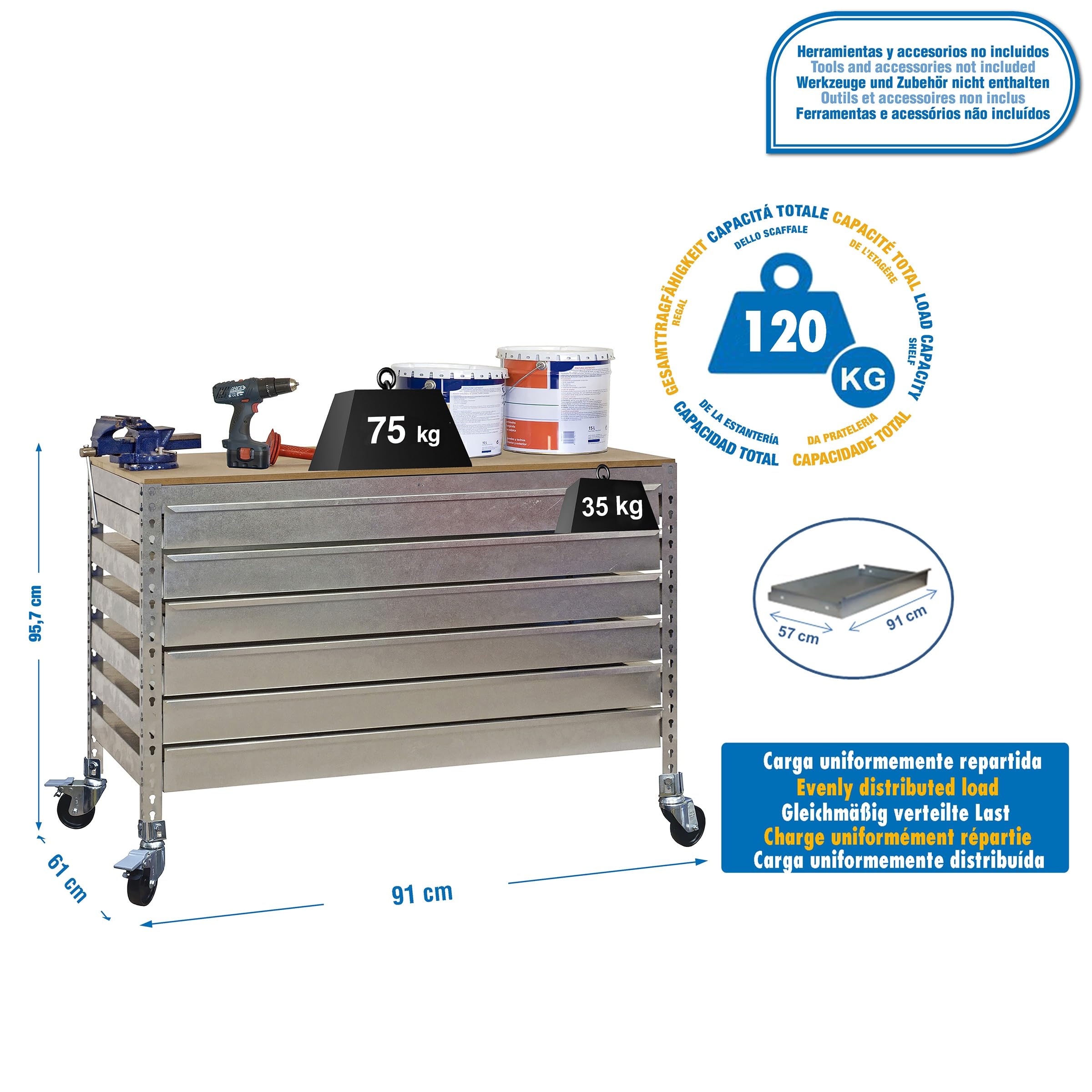 Simon Rack Banco de Trabajo Taller con Ruedas 910x610 mm - BT5 | 6 Cajones, Tablero madera 16 mm, Capacidad Carga 120 kg, Galva , Pintura anticorrosión, Montaje sistema clic