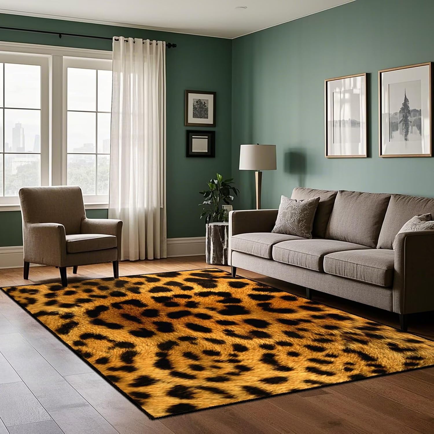 5x7 ft Leopard Print Rugs for Living Room, Cheetah Print Bedroom Carpet, Non-Slip Low Pile Rubber Backing Animal Mat, Machine Washable Area Rug for Dining Room Kitchen Home Office Decor