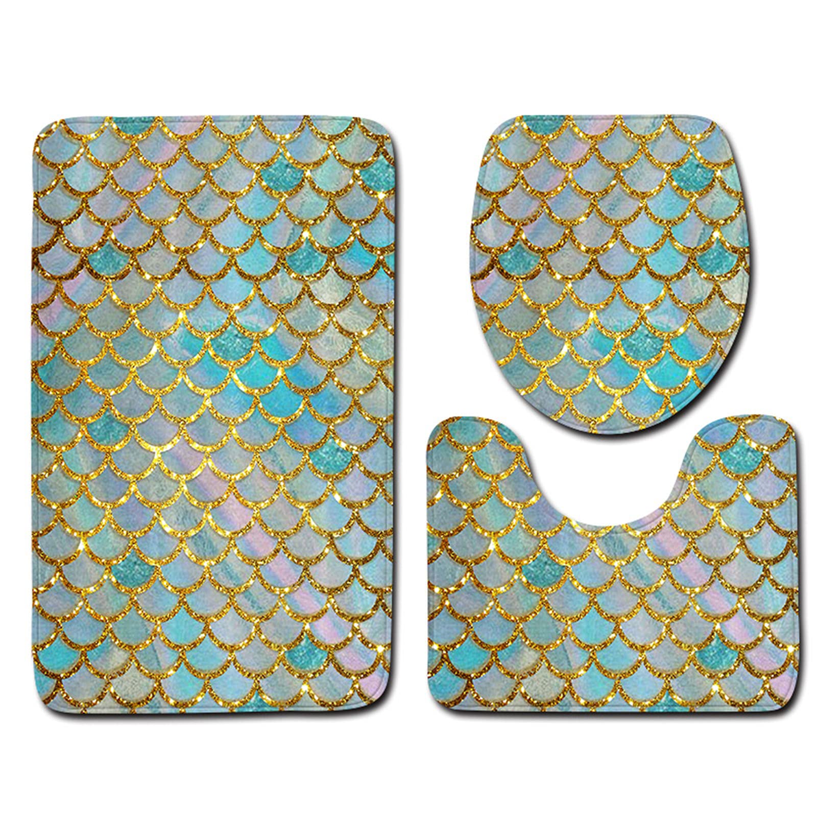 oneforus Mermaid Print Non Slip Absorbent Bath Mat Set 3 Piece Toilet Mat Set Bathroom Carpet Rug Contour Rug Toilet Seat Lid Cover