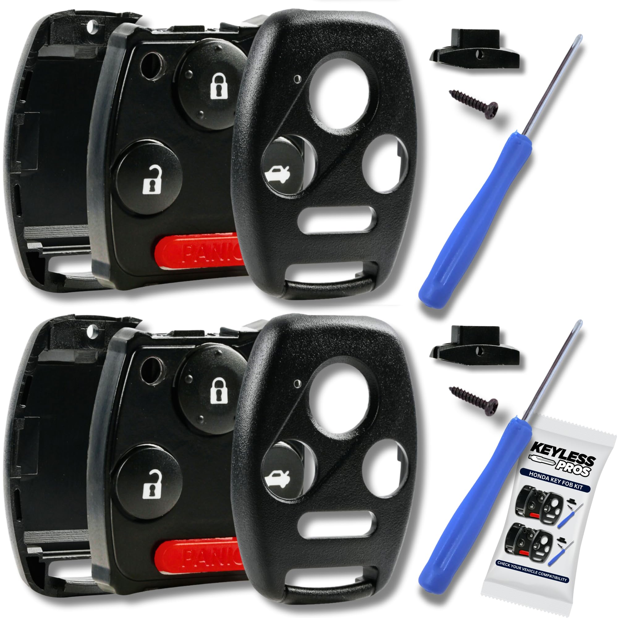 4-Btn Shell Kit & Gut Case, Keyless Entry Remote Key Fob Replacement, fits 2003-2012 Honda Accord, 2006-2013 Civic EX, 2009-2015 Pilot, NO Cutting Required (2-Pack)