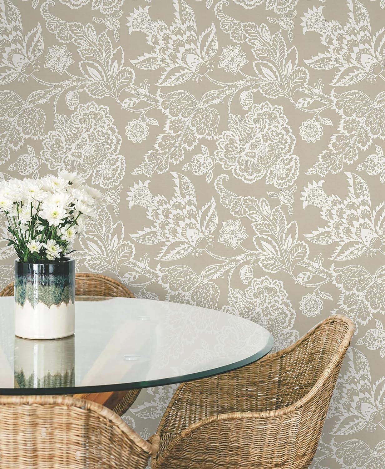 Vinjiasin Peel and Stick Wallpaper Boho Floral Wall Paper for Bathroom Vintage Removable Self Adhesive Wallpaper for Bedroom Accent Wall Neutral Flower Contact Paper Farmhouse Vinyl Roll 17.3"x 78.7"
