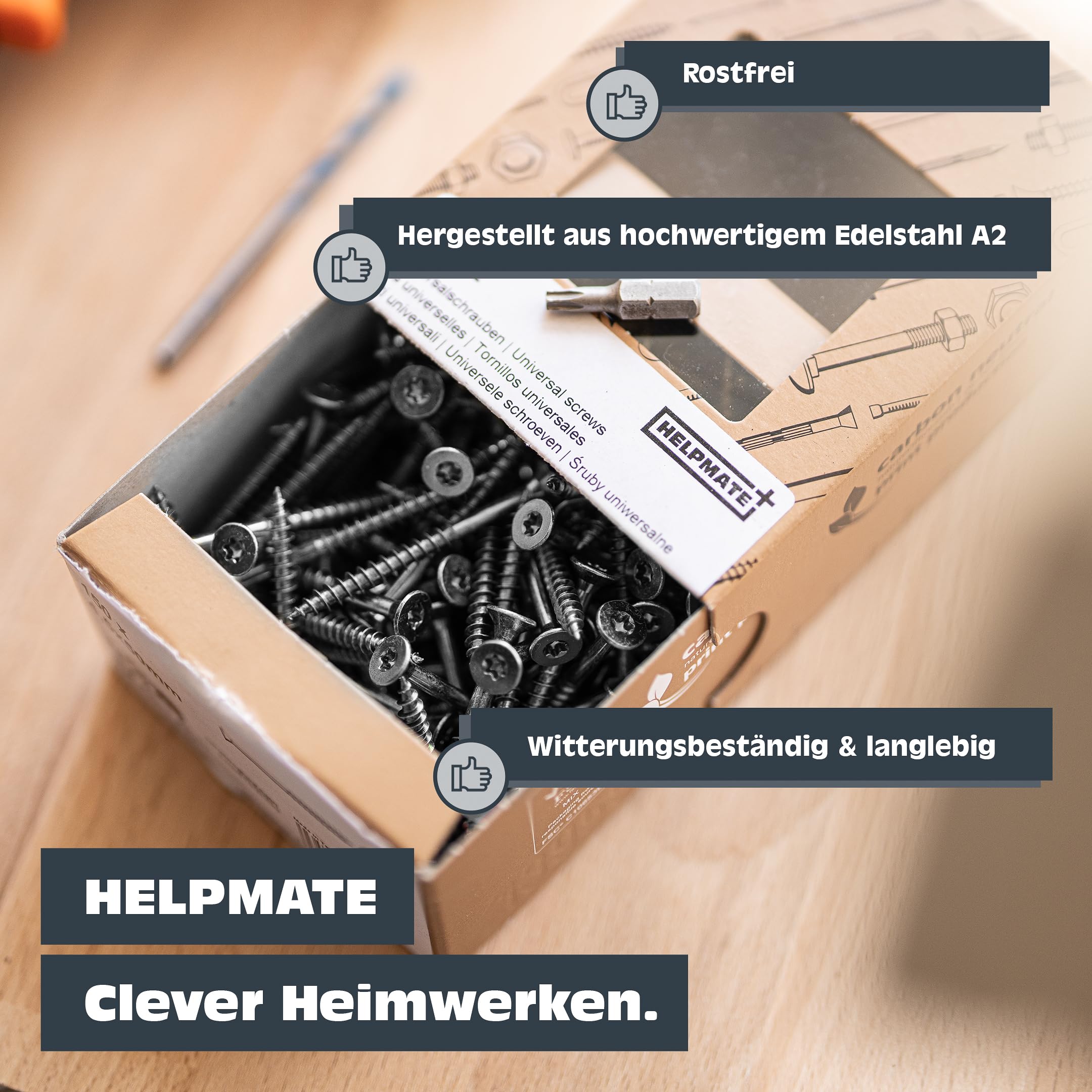 HELPMATE – Universalschrauben mit Senkkopf 4,0x50 mm – Edelstahl A2 rostfrei – 200 Stück Holzschrauben mit T‑Antrieb und Teilgewinde – für Innen‑ und Außenbereich