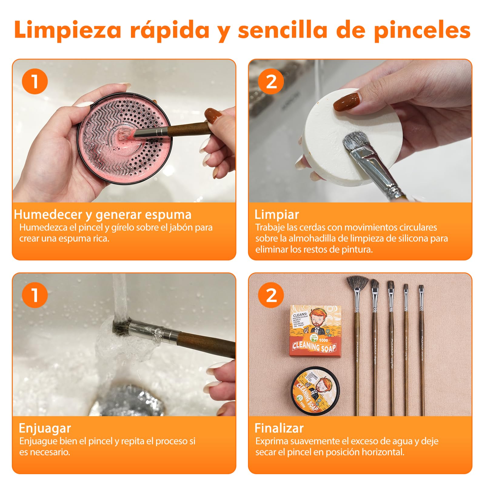 Limpiador de Pinceles para Acrílica y Acuarela – 100% 100g de Jabón Vegano con Cepillo + Alfombrilla de Limpieza, Jabón Profesional Natural para La Limpieza de Todos los Pinceles | Brush Cleaner