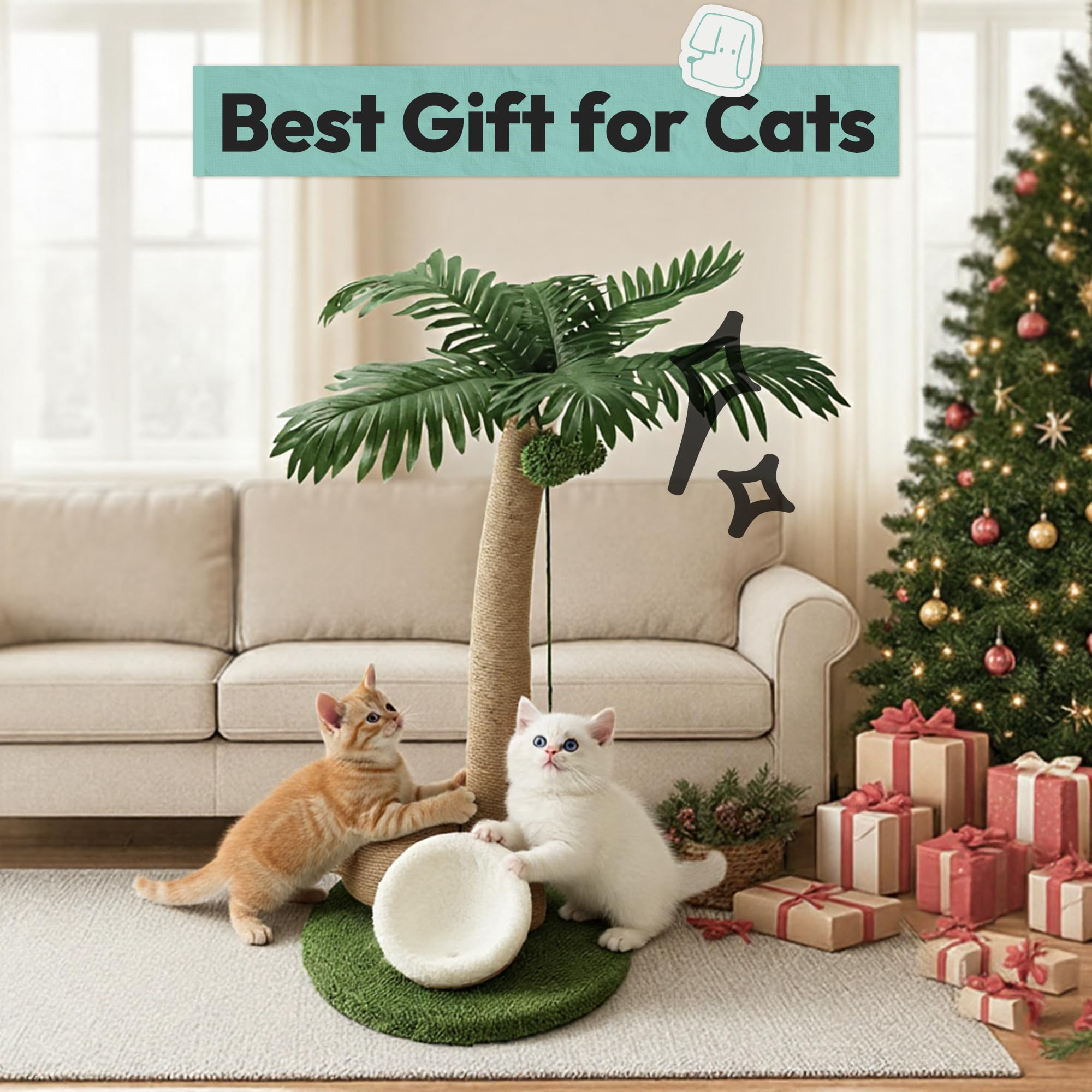 Kratzbaum für Katzen 74 cm, Palmenform mit Hängespielbällen und doppelten Kokos-Spielzeugen, Kratzsäule für Wohnungskätzchen, extra Stabiler Standfuß, pfotenfreundliches Jutematerial