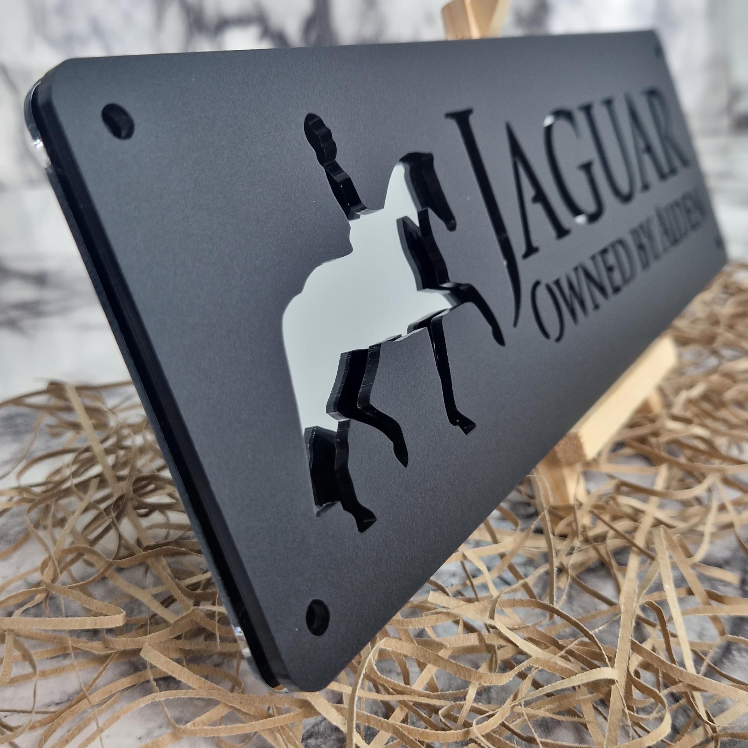 Silver Mirror and Black Personalised Horse stable Pony laser cut name door plate sign (L3-Trotting Horse)