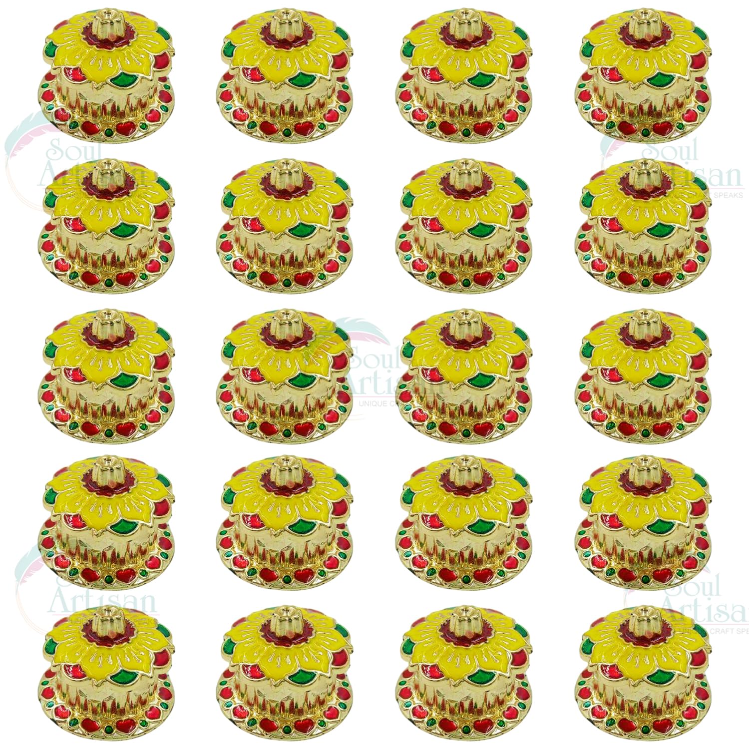 Soul Artisan Round Flower Single Kumkuma Holder Chimil Box - Plastic Golden Metallic Color(Pack of 20) - Decorative Art Design Tilak Daani, Sindoor for Women Return Gift, Diwali, Weddings, Pooja