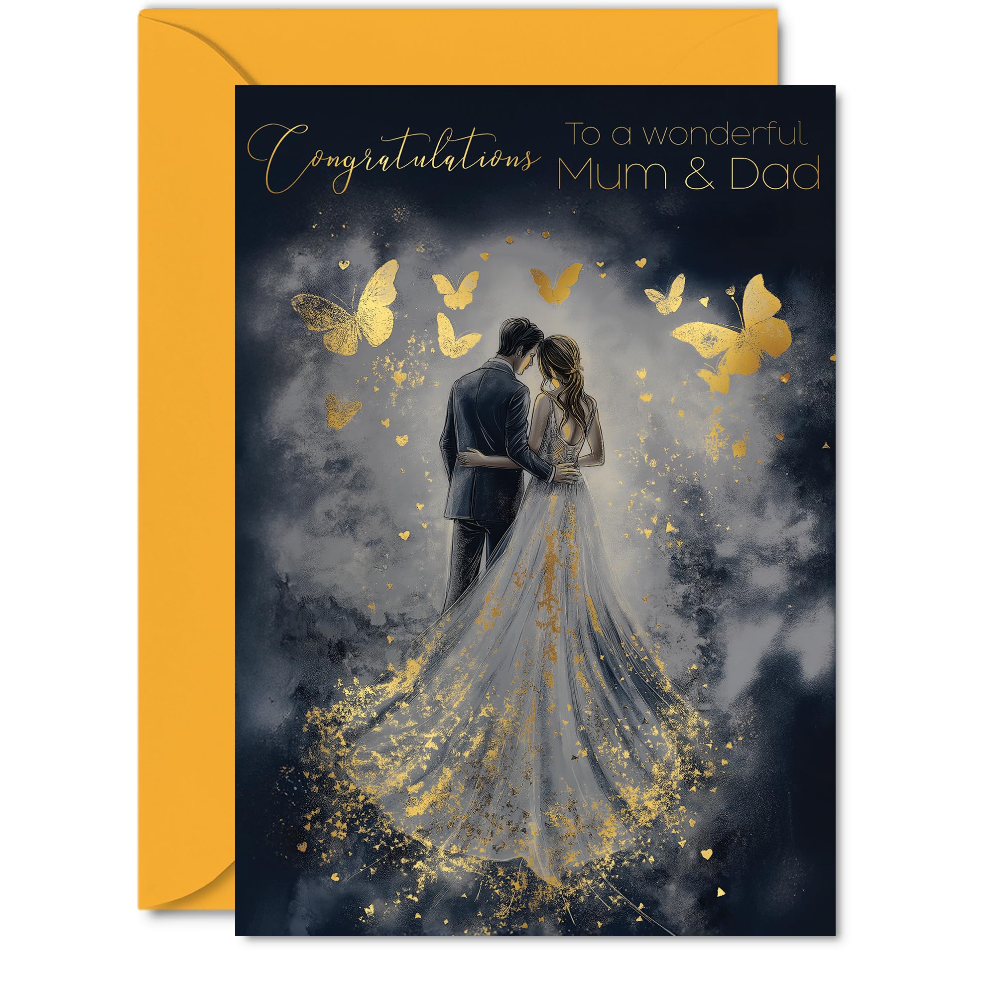 Mum & Dad Wedding Card - Gold Butterflies Happy Couple - Golden Marriage Congratulations Card from Son Daughter, 5x7 Inch Butterfly Well Done Congrats Gifts Greeting Cards