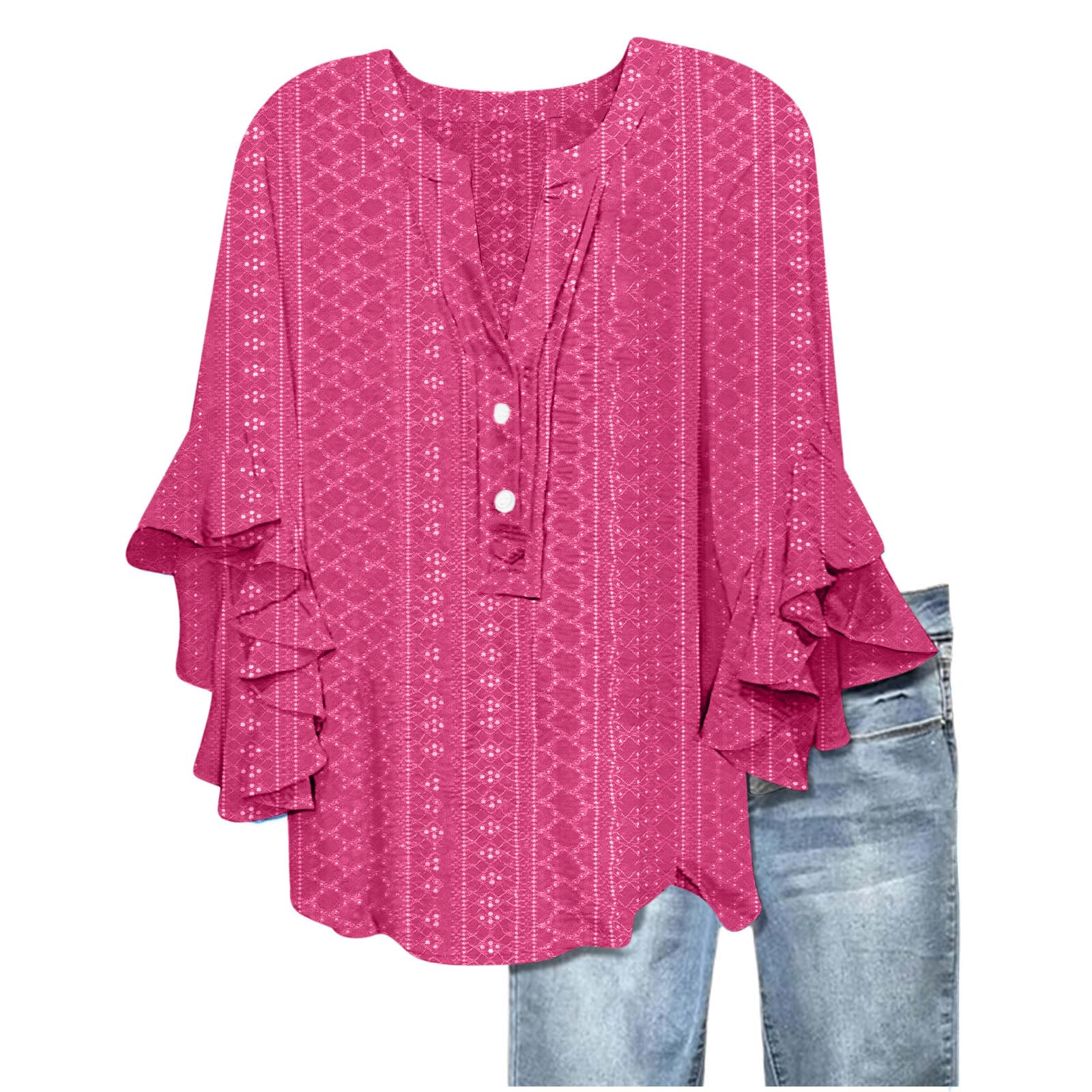 Women's Eyelet Tops V-Neck Ruffle 3/4 Sleeve Blouse Casual Loose Button Up Henley Shirts Boho Flowy Beach Clothes — view 15