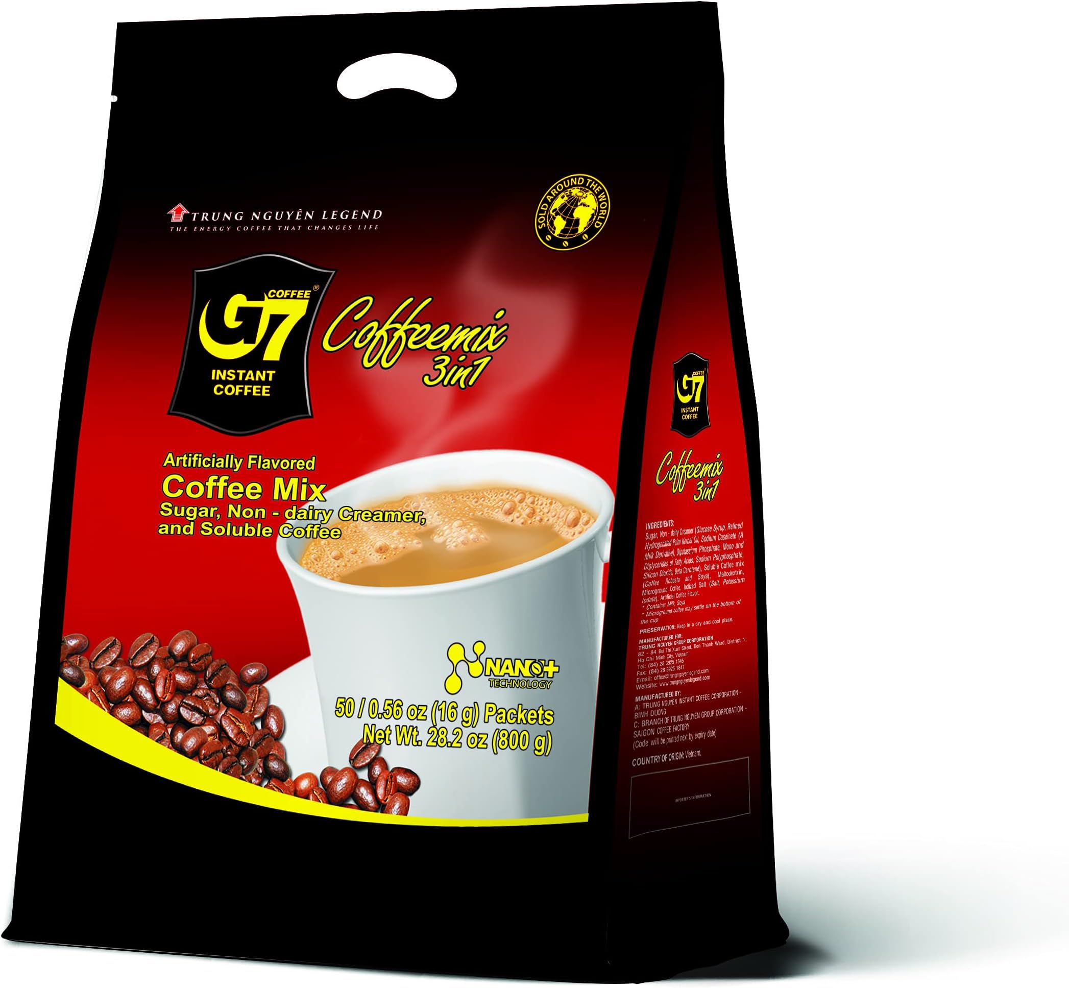 Trung Nguyen G7 Instant Coffee - 3-in-1 Roasted Ground Blend with Creamer & Sugar, Vietnamese Coffee (50 Sachets)
