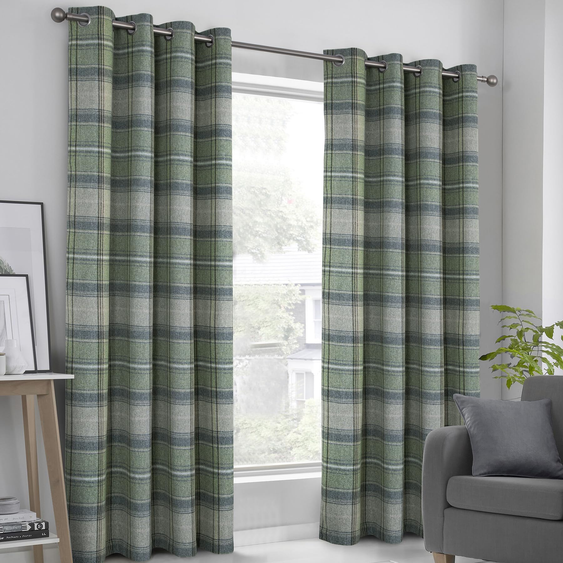always4u 100% Blackout Curtains Check Eyelet Bedroom Tartan Curtain Plaid Brushed Cheque Pair of Highland Woolen Look Window Treatment for Living Room Green 66 * 72 Inches - Image 2
