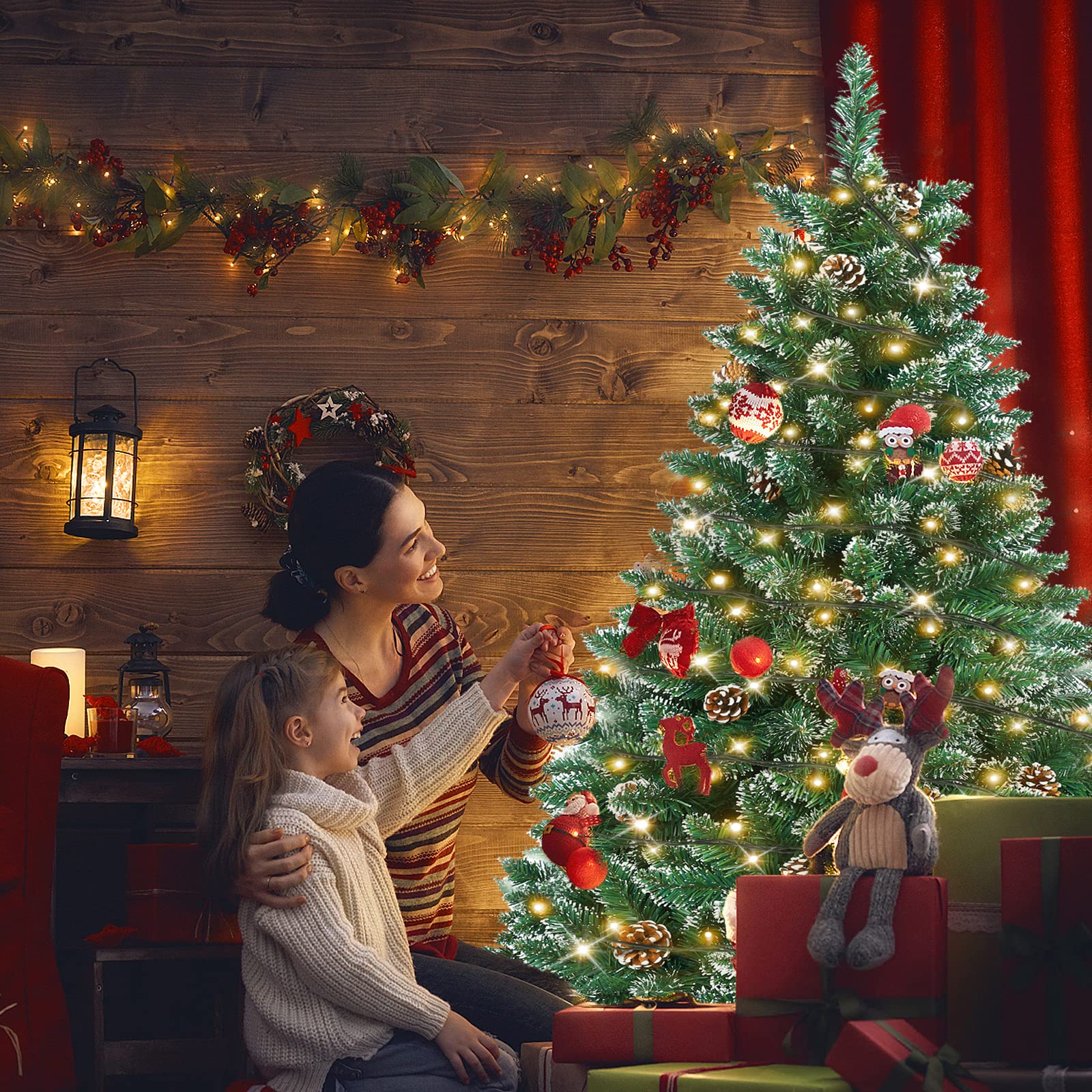 LILIIN 150CM Weihnachtsbaum Künstlich, Tannenbaum mit Beleuchtung, Kunstbaum Weiß&Grün mit Schnee-Effekt+Kiefernzapfen, PVC Christbaum inkl. Ständer(1.5M, Mit Beleuchtung)