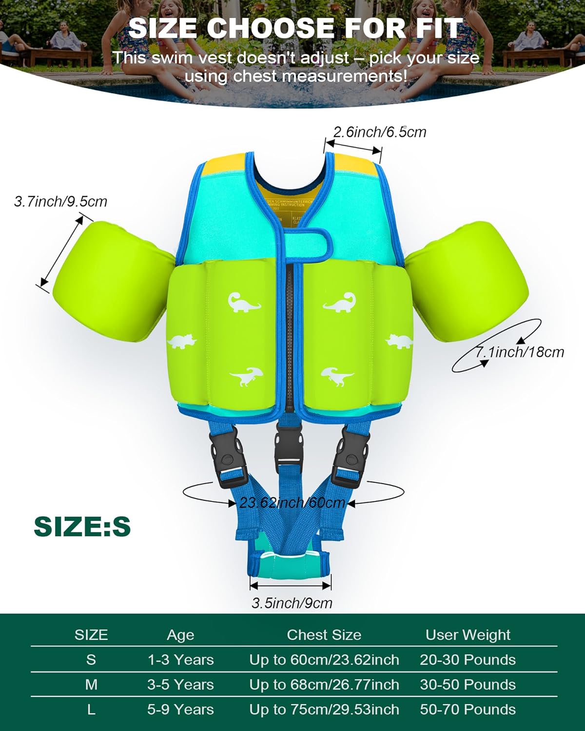 Kids Pool Floaties 1-2-3-5-7-9 Years Old, Toddler Swim Vest 20-30-50-70 Pounds, Comfortable Extended Wear Kids Float Jacket with Crotch Strap, Bright & Colorful Design and Unpadded Sides for Comfort