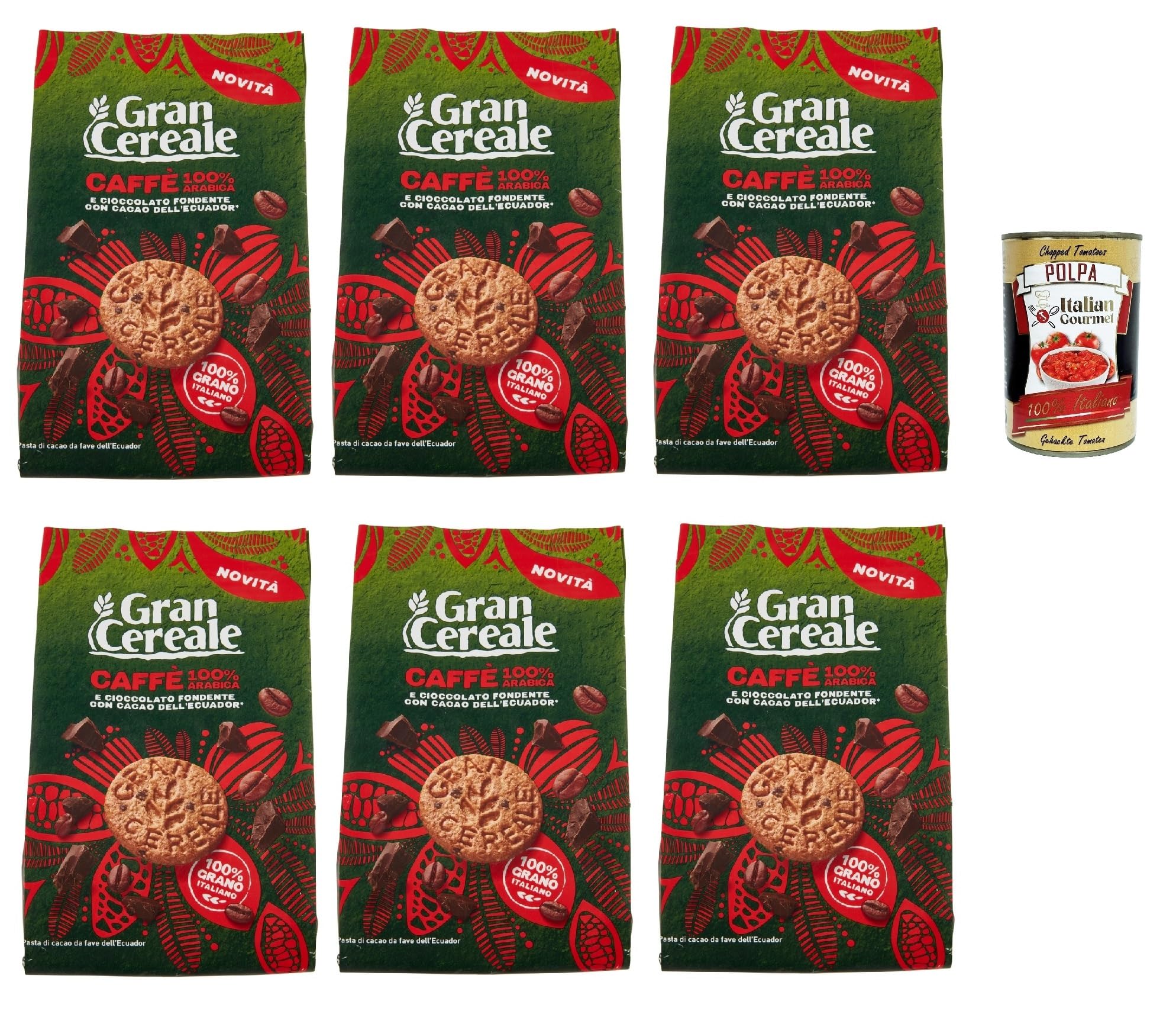 Italian Gourmet Bundle Kaffee-Schoko Kekse 6x 280g + Italian Gourmet Polpa Gratis – Italienische Gran Cereale Kekse mit 100% Arabica Kaffee & dunkler Schokolade, Frühstück, Vorrat 1,68kg