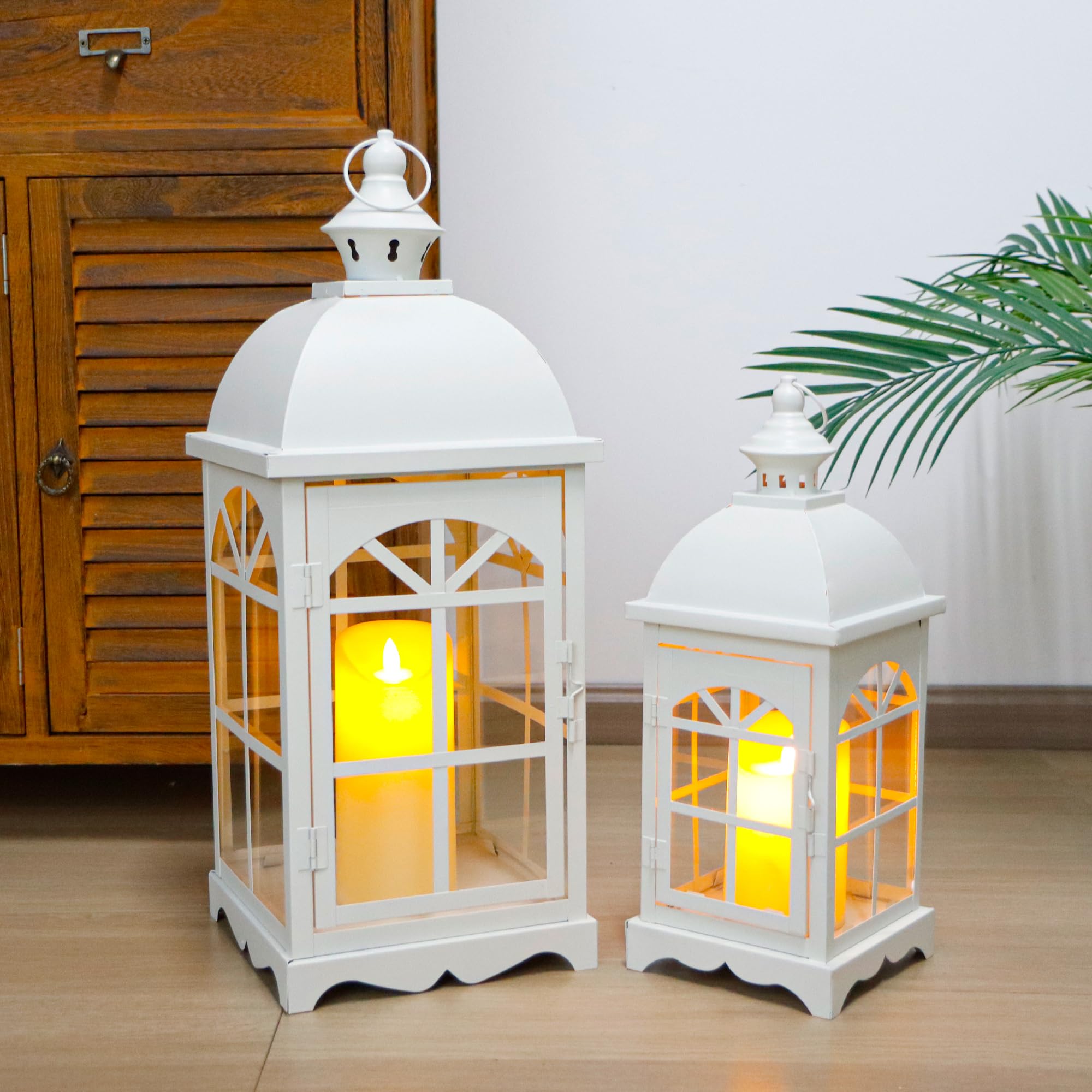 Trirocks White Set Of 2 Decorative Vintage Candle Lanterns 51.5Cm H Farmhouse Hanging Candle Holder With Tempered Glass For Porch Balcony Patio Home Garden Wedding Indoor Outdoor (White)